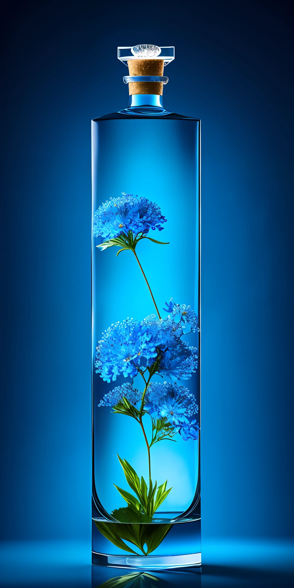 there is a bottle of perfume with flowers on a blue surface, floating in perfume, beautiful aesthetic, beautiful intricate glass bottle, transparent glass vase, product photography, femme, perfume bottle, glass bottle, professional product photography, transparent liquid, high quality product photography, blue - petals, fancy whiskey bottle, dreamscape in a jar, perfume, made of dried flowers