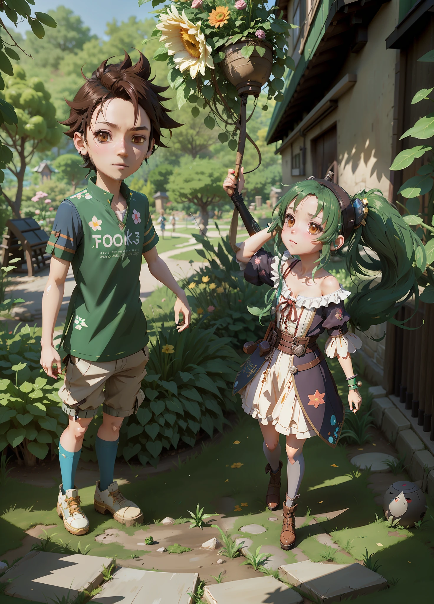 anime characters dressed in costumes walking in a garden, childrens art in artstation, stylized anime, realistic anime 3 d style, artwork in the style of guweiz, anime styled 3d, loish and ross tran, adorable digital painting, anime stylized, anime in fantasy style, 3 d anime realistic, anime style. 8k, 3 d render stylized