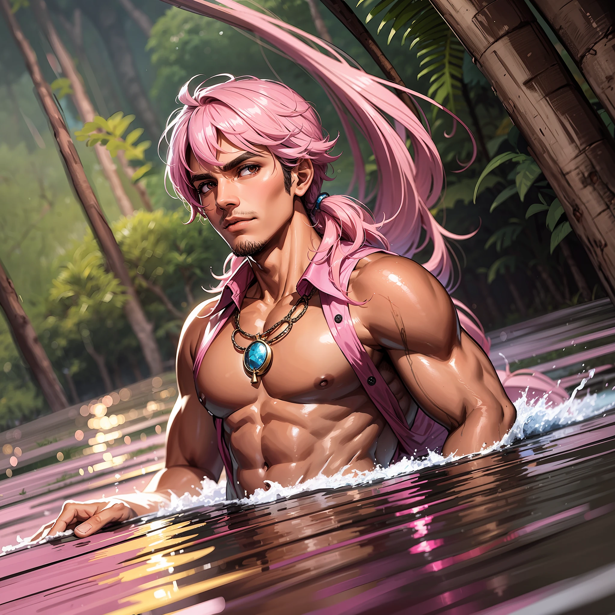 the Brazilian legend of the Pink Porpoise, several pink porpoises in a dark lake in the middle of the Amazon, a very handsome man coming out of the lake in high resolution, brown skin, Latin, pink party clothes, pink chapel, open shirt showing the breastplate, in the background a hut with many people partying in a typical Brazilian party --auto --s2