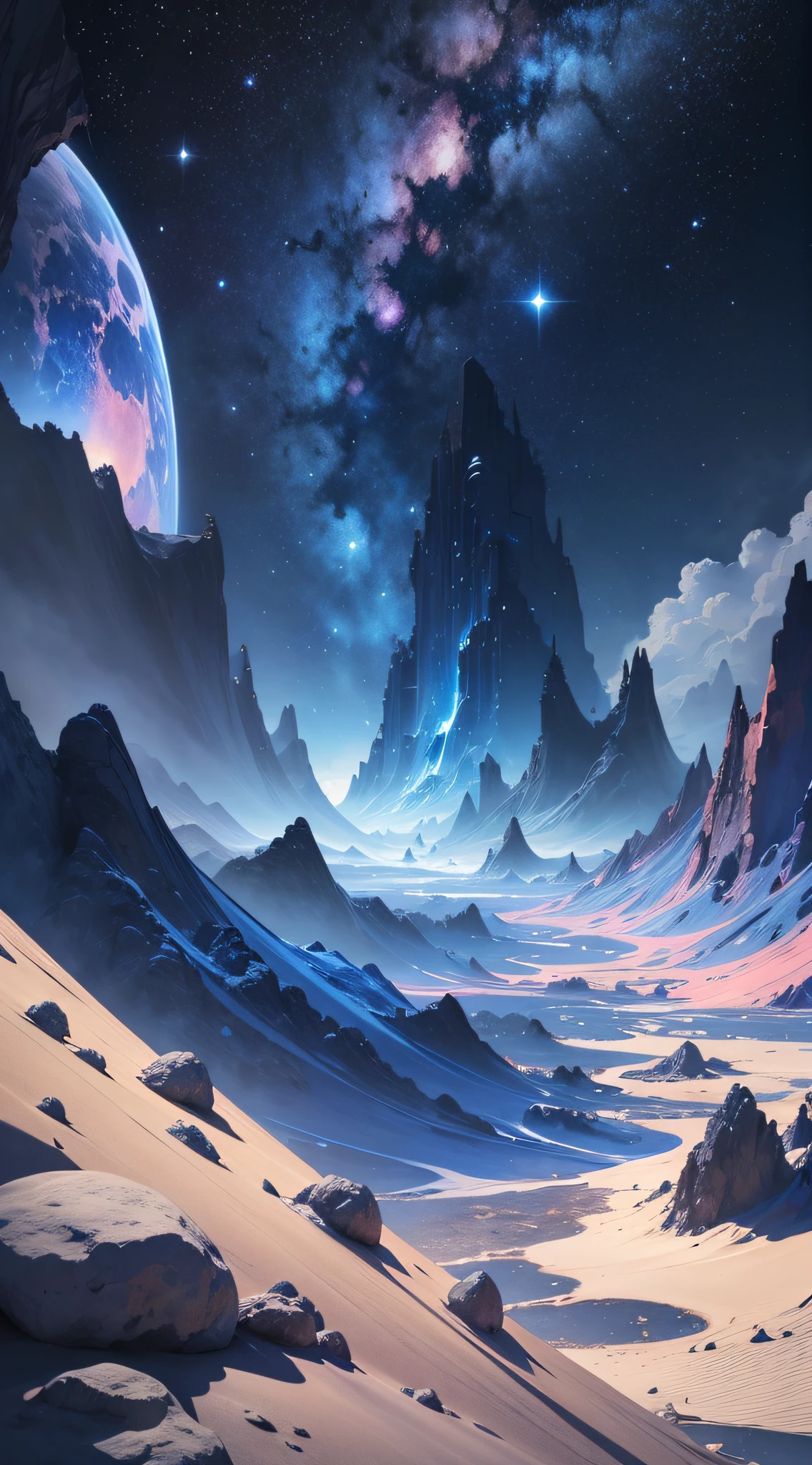 space with all the planets blue and pink colour with bright white stars 3d art realistic dark fantasy world blue,wet,ultra detailed, ultra detailed --auto --s2