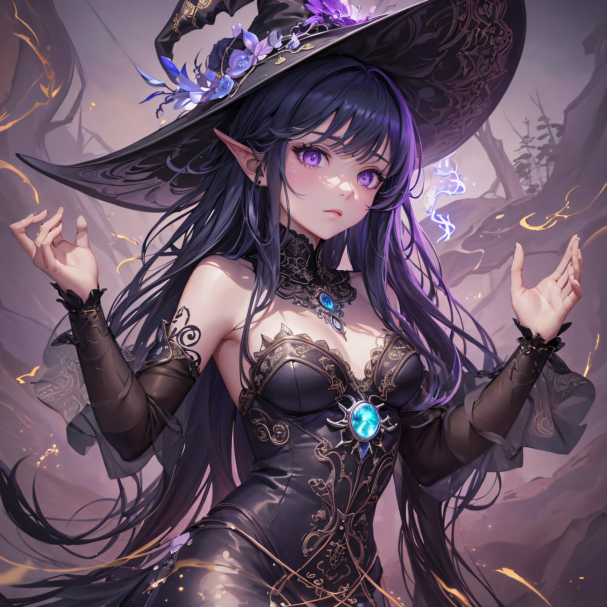 (((masterpiece))), (((best quality))), ((ultra-detailed)), (highly detailed CG illustration), ((an extremely delicate and beautiful)),cinematic light,((1witch girl)),solo, full body ((arms with runic tattoos)) witch's hat,expressionless, Deep purple eyes, Darkfantasy,extreme detailed,colorful,highest detailed,loongs,fengs,florest,dark florest background, magic background, runics --auto --s2