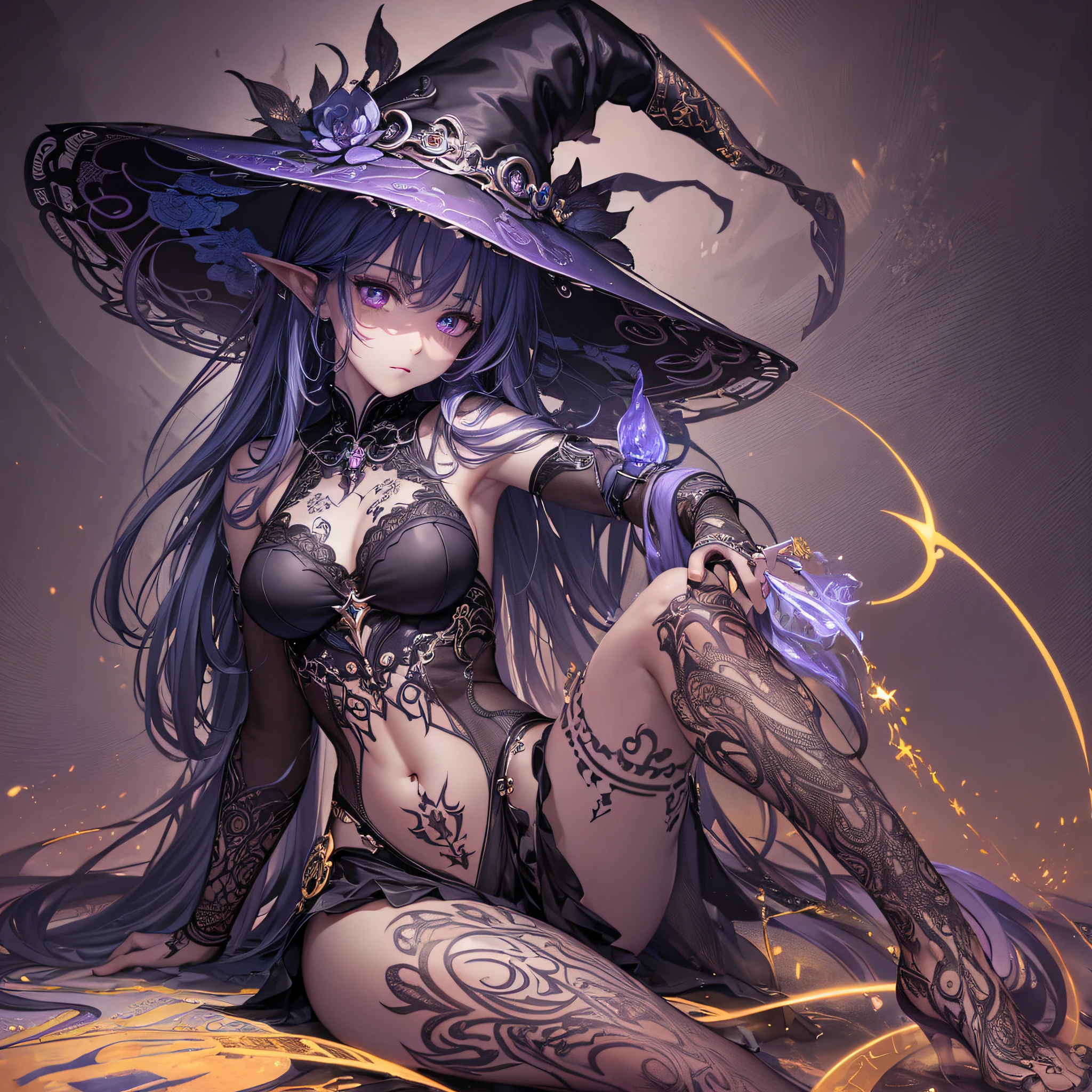 (((masterpiece))), (((best quality))), ((ultra-detailed)), (highly detailed CG illustration), ((an extremely delicate and beautiful)),cinematic light,((1witch girl)),solo, full body ((arms with runic tattoos)) witch's hat,expressionless, Deep purple eyes, Darkfantasy,extreme detailed,colorful,highest detailed,loongs,fengs,florest,dark florest background, magic background, runics --auto --s2