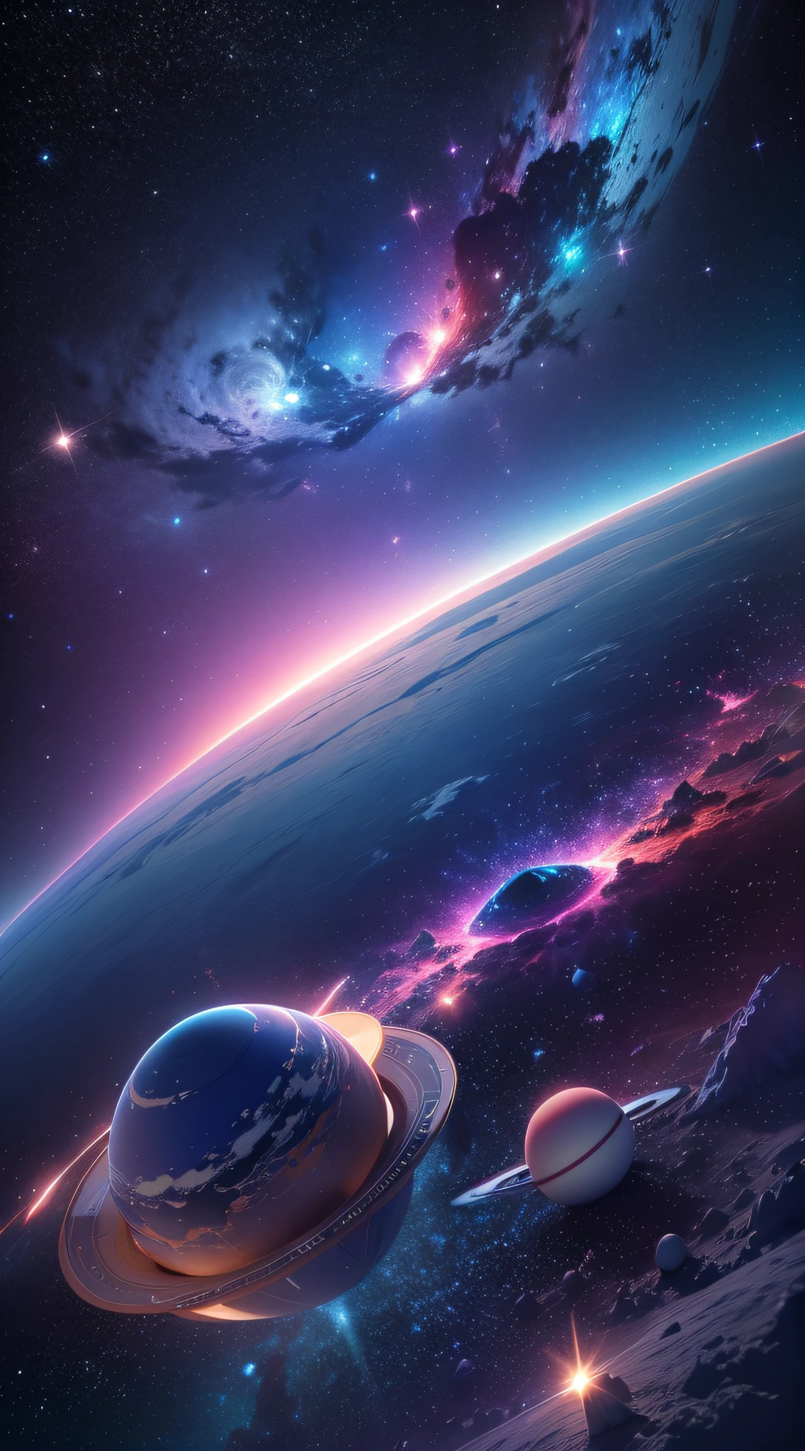 space with all the planets blue and pink colour with bright white stars  in the background with galaxy background with volumetric lighting, octane render, 8k  --ar 4:5 --auto --s2