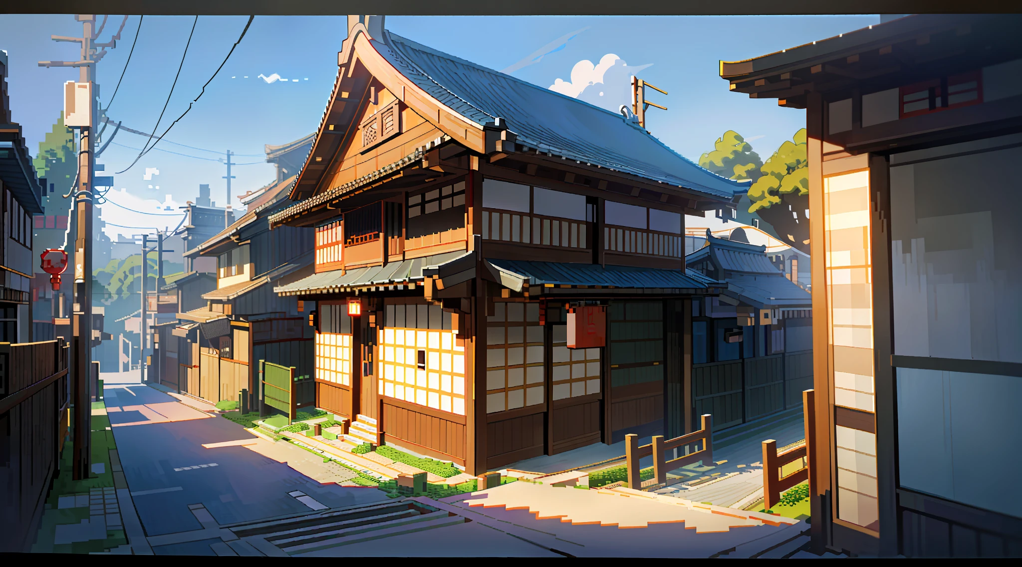 japanese alley. few traditional Japanese house, ruins: 1.3, skycrapers:1.4, japanese street food:1.4, wood ads, paved street, typical Japanese rail crossing, beautiful spring morning, a few clouds, puddle, in the style of Ghibli, Hayao miyazaki, ((Best quality, modern, peaceful, 8k, cinematic)), film grain, fantastic:1.4, konoha: 1.3, ((voxels: 1.5, pixel art: 1.4)), ((Camera slightly from above:1.4))