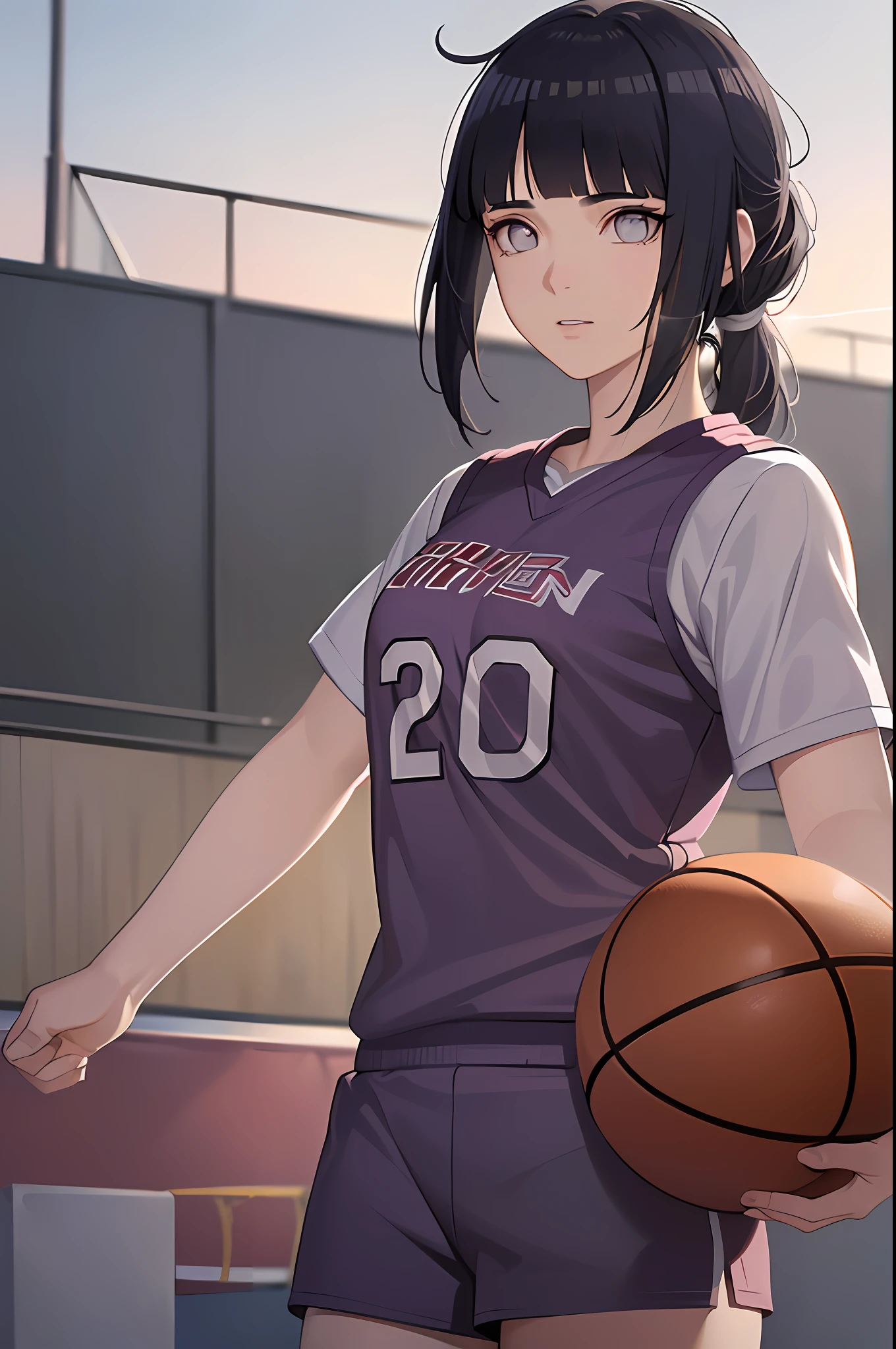 (8k, best quality, masterpiece:1.2), (realistic, photo-realistic:1.37), ultra-detailed,best quality, ultra high res, professional lighting, photon mapping, radiosity, physically-based rendering, cinematic lighting, ((basketball court)),depth of field, sharp focus,sunbeam, good composition,(bokeh:1.2) 1girl,solo,(full body), (closed mouth),beautiful detailed eyes, pose, narrow waist,(((basketball uniform))),messy hair,long hair floating in wind,(ulzzang-6500:1.2)
 mix4, hiqcgbody,  ((blunt bangs)), dark blue hair, purple eyes, ((ponytail)),  medium breast, ((girl))