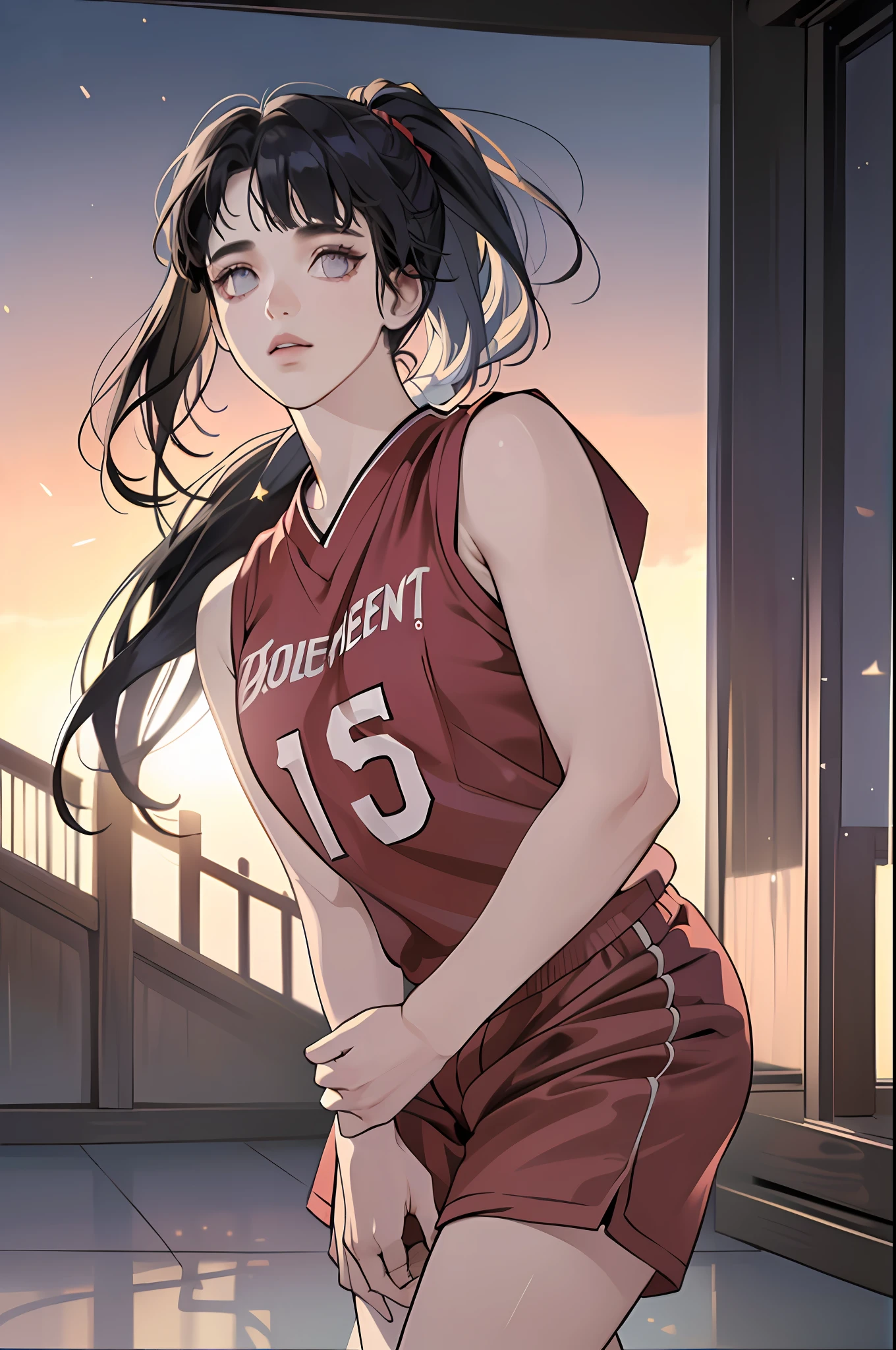 (8k, best quality, masterpiece:1.2), (realistic, photo-realistic:1.37), ultra-detailed,best quality, ultra high res, professional lighting, photon mapping, radiosity, physically-based rendering, cinematic lighting, ((basketball court)),depth of field, sharp focus,sunbeam, good composition,(bokeh:1.2) 1girl,solo,(full body), (closed mouth),beautiful detailed eyes, pose, narrow waist,(((basketball uniform))),messy hair,long hair floating in wind,(ulzzang-6500:1.2)
 mix4, hiqcgbody,  ((blunt bangs)), dark blue hair, purple eyes, ((ponytail)),  medium breast, (((1 girl)))