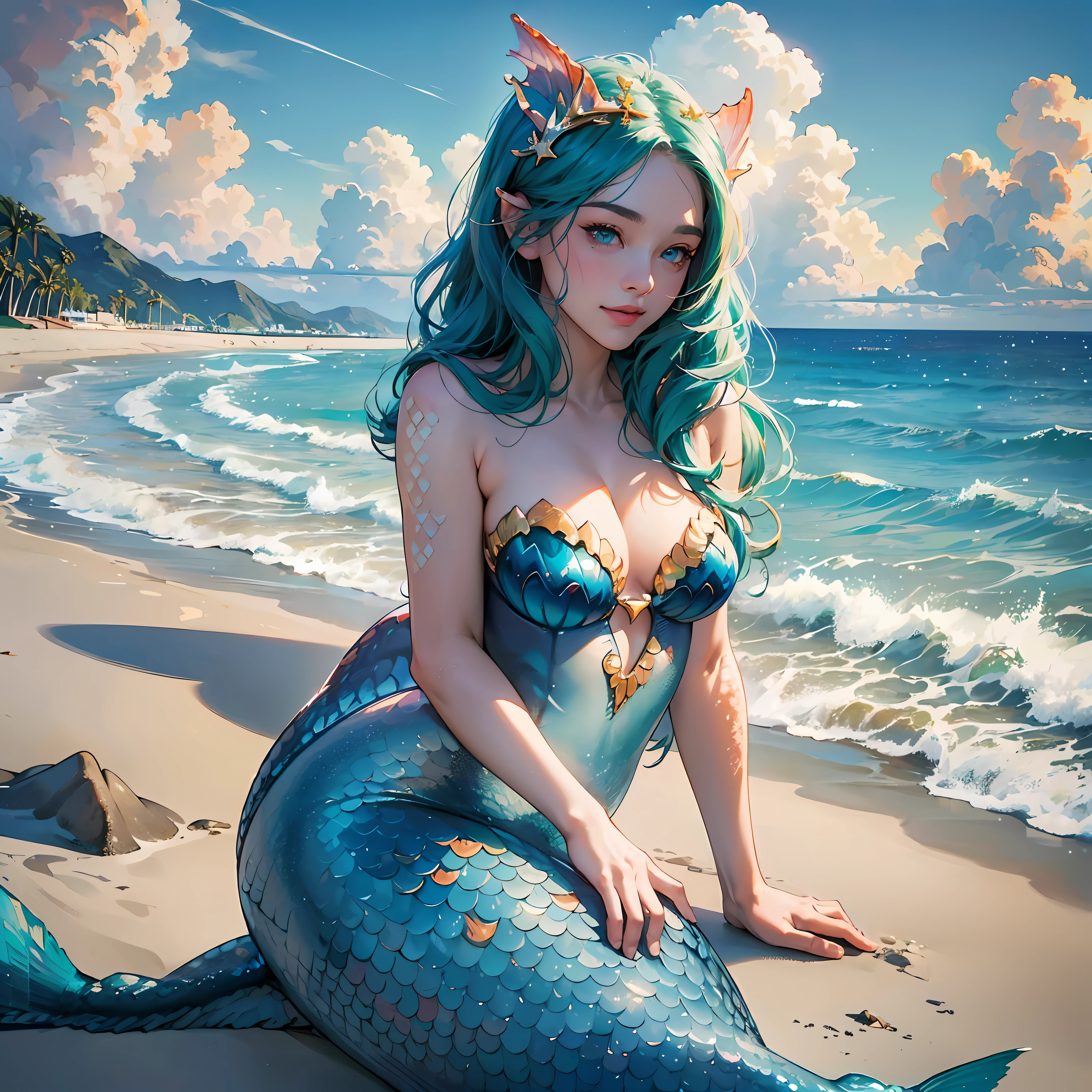 (ArielWaifu:1), smile, cute, cute pose, looking at viewer, thick thighs, (Mermaid tail:1.4), on side, 
(realistic:1.2), (realism), (masterpiece:1.2), (best quality), (ultra detailed), (8k, 4k, intricate),(full-body-shot:1),(Cowboy-shot:1.2), (85mm),light particles, lighting, (highly detailed:1.2),(detailed face:1.2), (gradients), sfw, colorful,(detailed eyes:1.2),
(detailed ladscape, sea, beach:1.2),(detailed background),detailed landscape, (dynamic angle:1.2), (dynamic pose:1.2), (rule of third_composition:1.3), (Line of action:1.2), wide shot, daylight, solo, --auto --s2