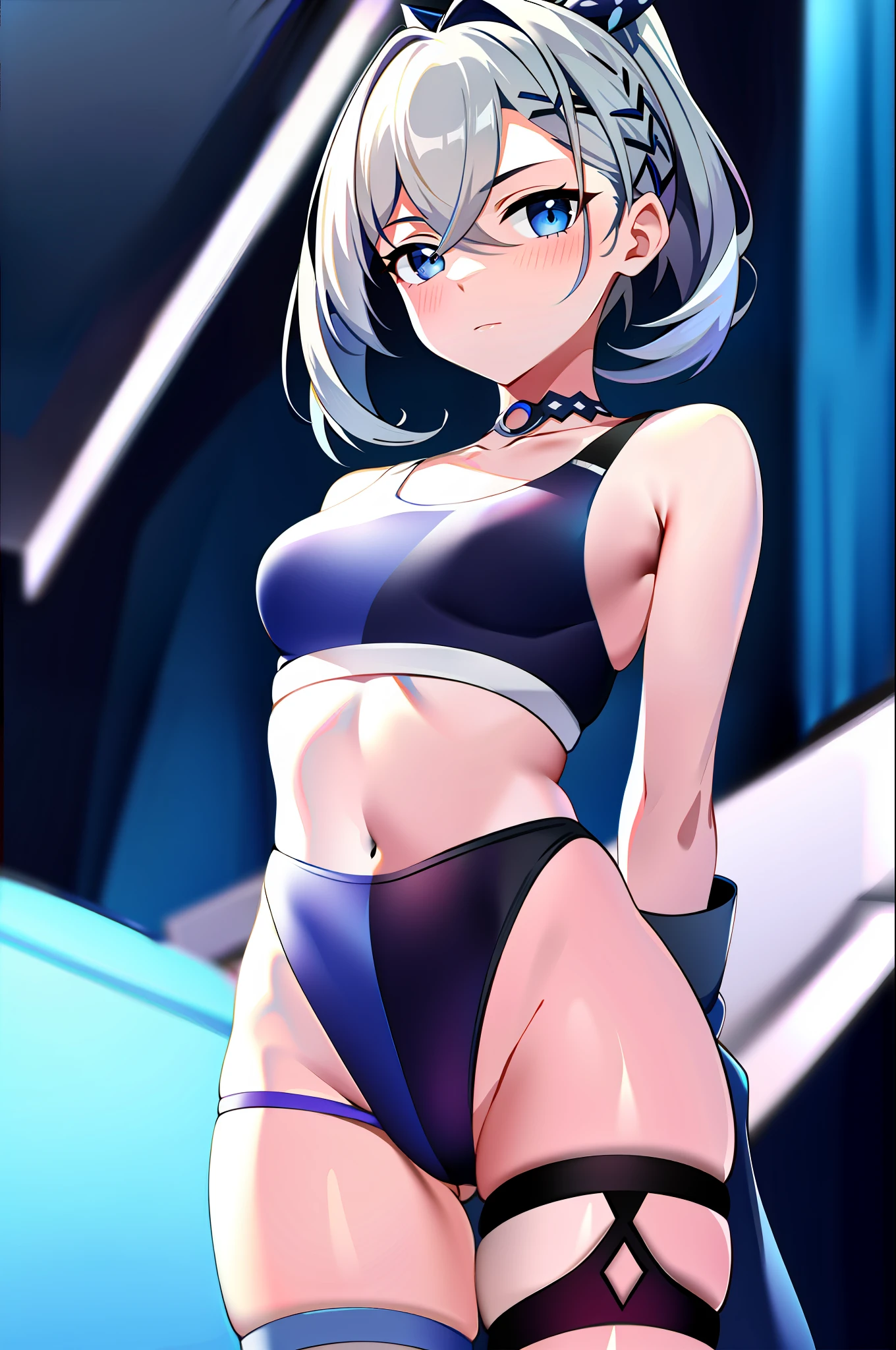 SilverWolfV4, 1girl, solo1girl, solo, (motion lines:1.1), li, (oil painting), (sidelighting, finely detailed beautiful eyes: 1.2), ultra detailed, (realistic, 3d face:0.8), (lustrous skin), cinematic lighting, blonde hair, blue eyes, school swimsuit, cowboy shot, blue ocean, blue sky, all fours, from below