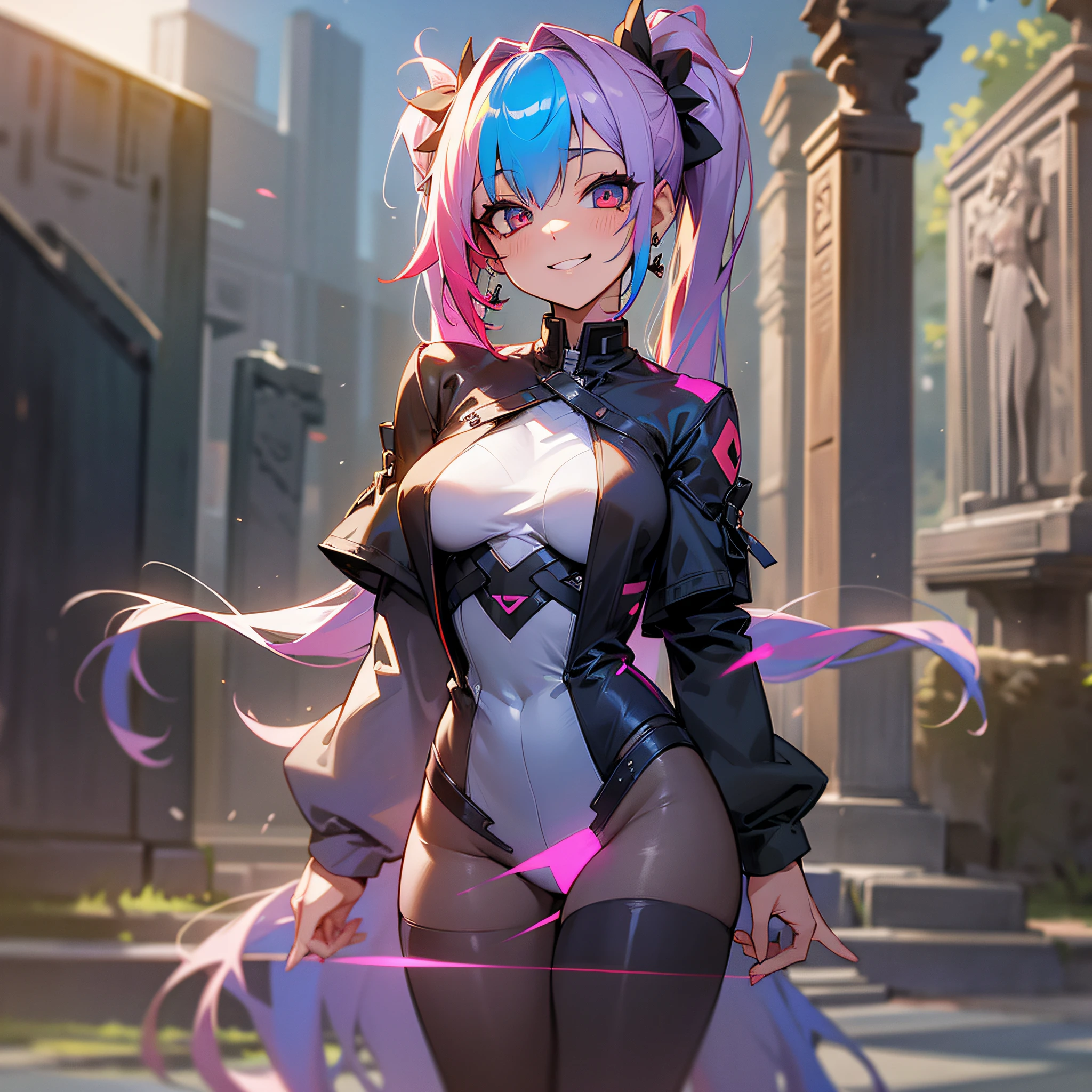 best quality, 4K wallpaper, masterpiece, extremely detailed CG unity 8k wallpaper, extremely detailed eyes, ultra-detailed, 1girl, solo, medium breasts, Ollie, zombie_skin, multicolored hair, multicolored eyes, twintail hair, earrings, style-bridal, outdoors, night, graveyard, looking at viewer, smile, standing, crossed legs, upper body, --auto --s2
