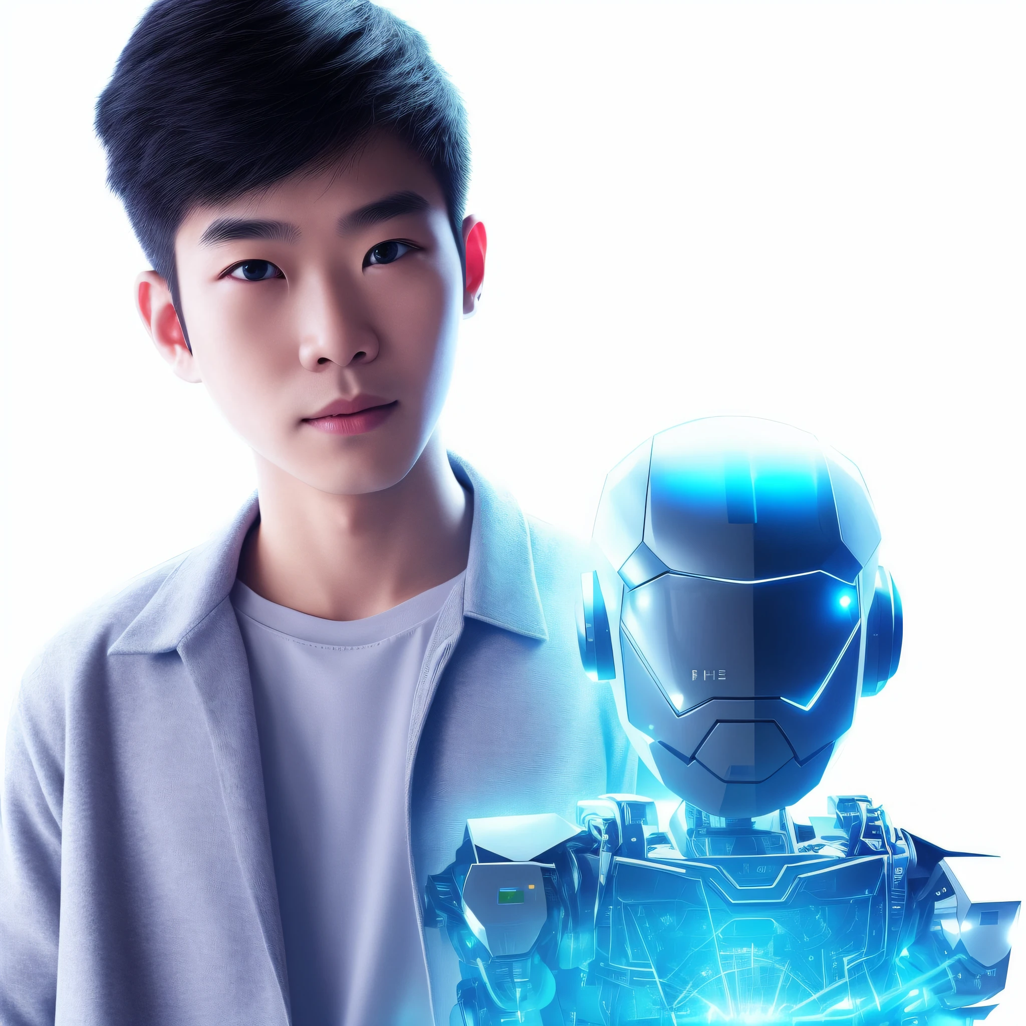there is a man holding a robot in his hands, the man with robot head, robot with human face, human with one robot eye, integrated synthetic android, with ai theme, ai researcher, goblin, portrait of a robot, the most advanced humanoid robot, portrait of an ai, endless collaboration with ai, inspired by Bian Shoumin, yanjun chengt