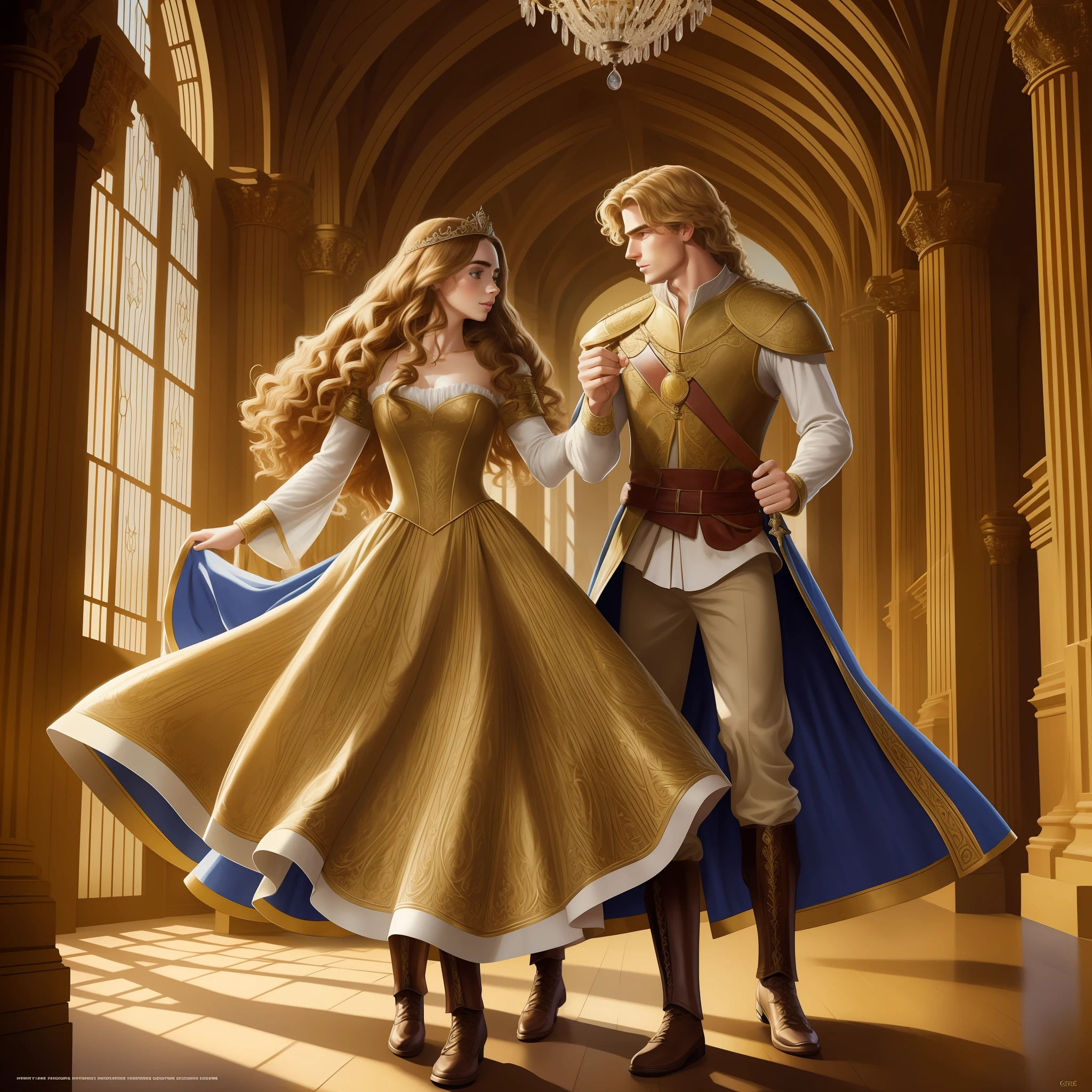 Lily Collins who has long, curly brown hair wears a medieval princess dress; the Neels Visser wears a medieval military outfit and has blonde hair. The couple is waltzing in the ballroom. The illustration is like a novel book cover with a detailed background, bright, illuminated, ultra detailed, concept art, elegant, art by Greg Hildebrandt, Samyang