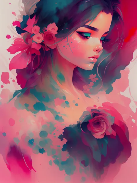 wtrcolor style, (rose) digital art, official art, blown by the wind, masterpiece, beautiful, ((watercolor)), paint splatter, int...