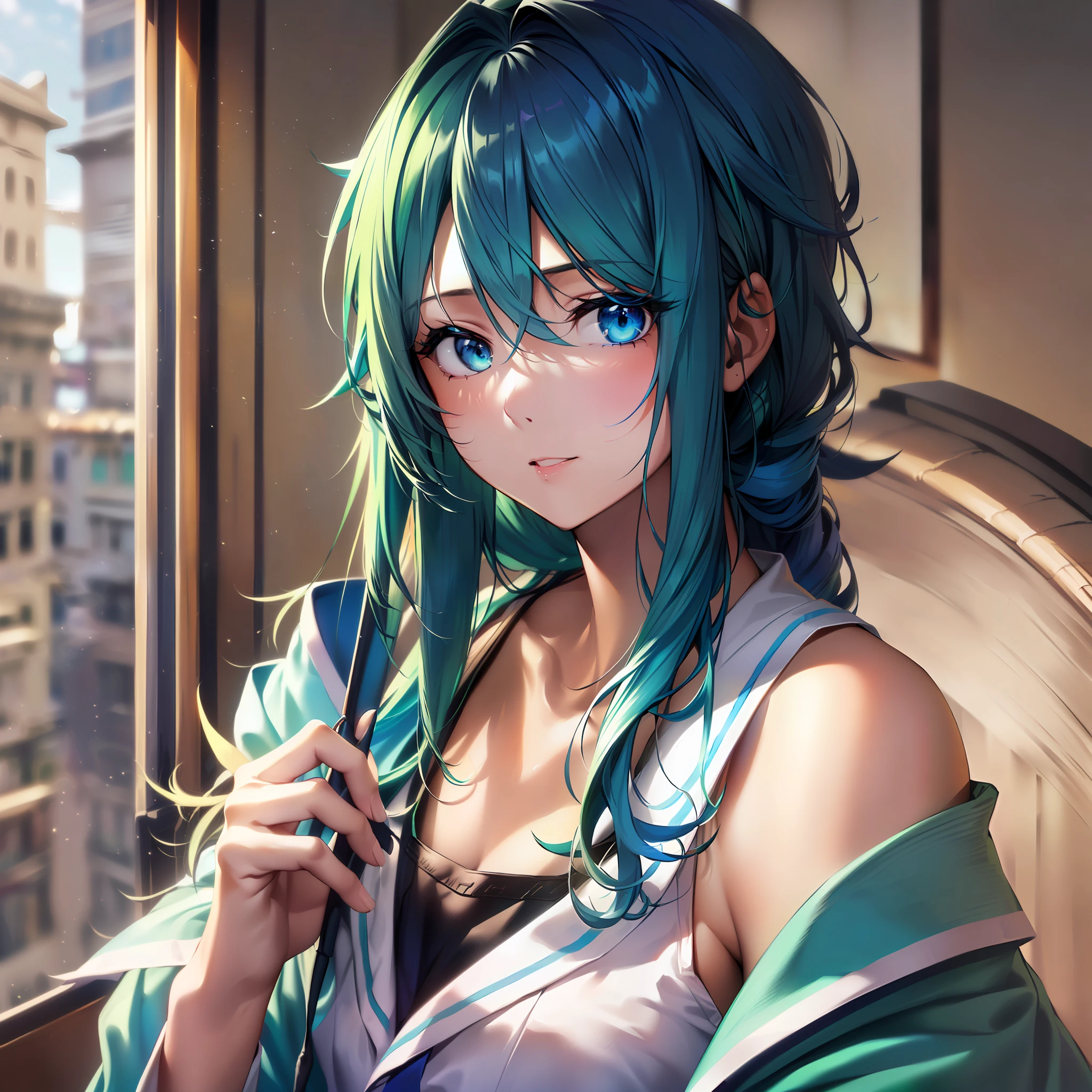 Black hair with blue locks, green direct eye and blue left --auto --s2