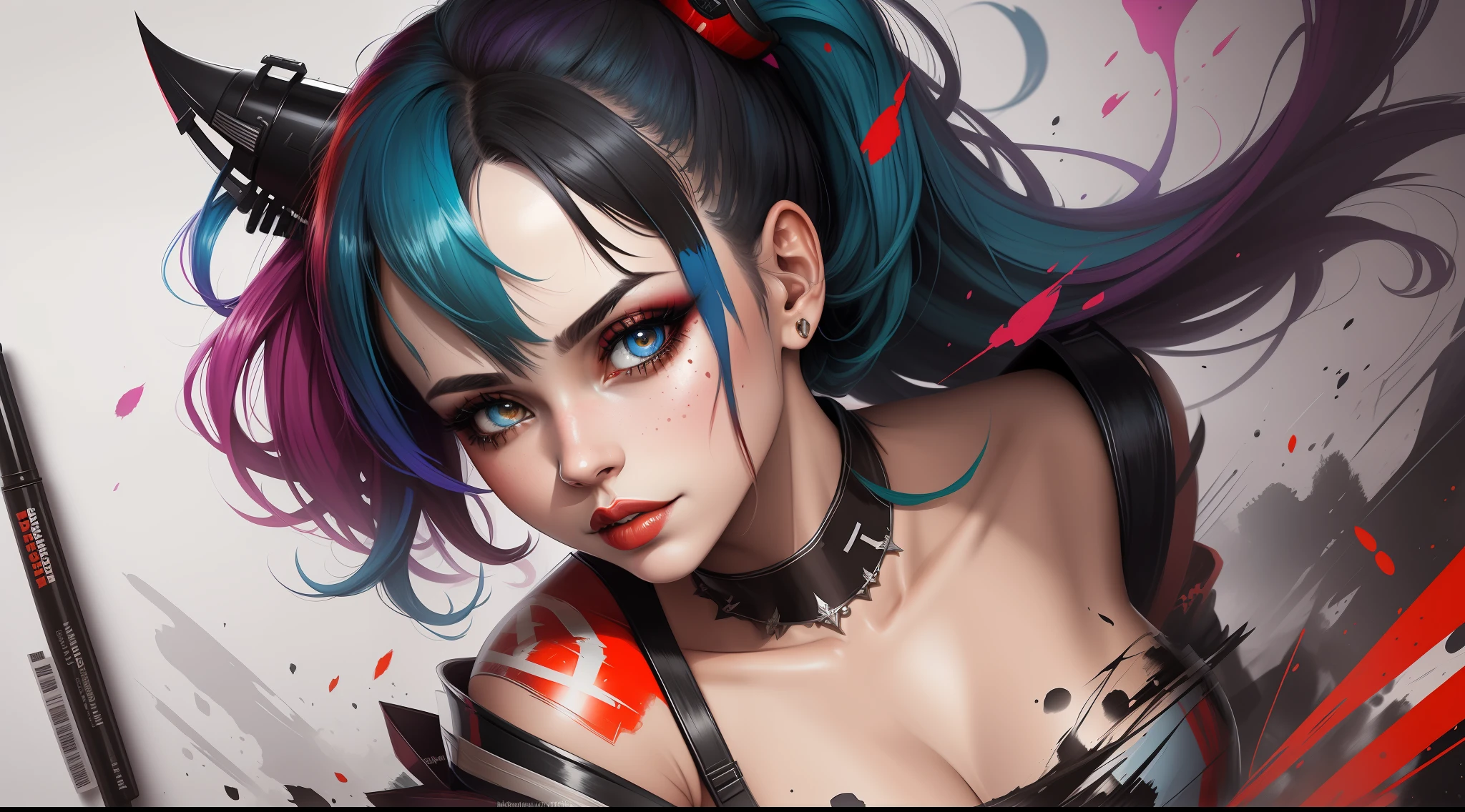 Create a medium shot, colored digital line art portrait of harley quinn character in the style of artists like Russ Mills, Sakimichan, Wlop, Loish, Artgerm, Darek Zabrocki, and Jean-Baptiste Monge. Include colorful splatter drippings, paper texture, and perfect shading, with dramatic lighting. The artwork should be centered, stylized, and elaborate, with a beautiful dress, gorgeous eyes, and a dynamic pose. TanvirTamim. rendered in 8K resolution for high-quality detail