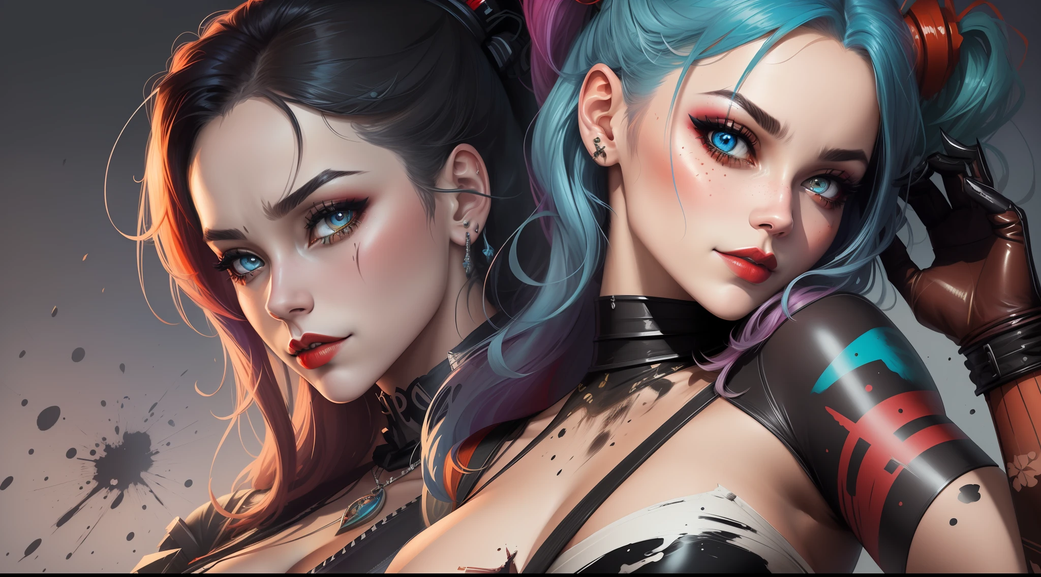Create a medium shot, colored digital line art portrait of harley quinn character in the style of artists like Russ Mills, Sakimichan, Wlop, Loish, Artgerm, Darek Zabrocki, and Jean-Baptiste Monge. Include colorful splatter drippings, paper texture, and perfect shading, with dramatic lighting. The artwork should be centered, stylized, and elaborate, with a beautiful dress, gorgeous eyes, and a dynamic pose. TanvirTamim. rendered in 8K resolution for high-quality detail