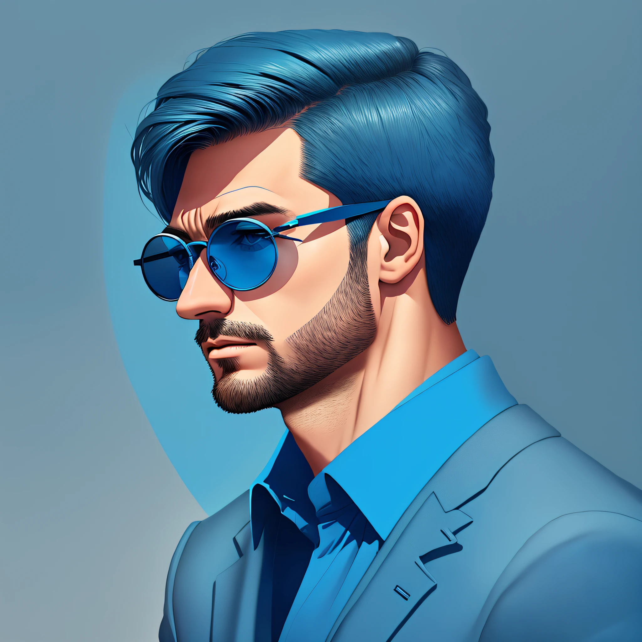 Minimalist logo, with shades of blue of a man in profile with round glasses --auto --s2