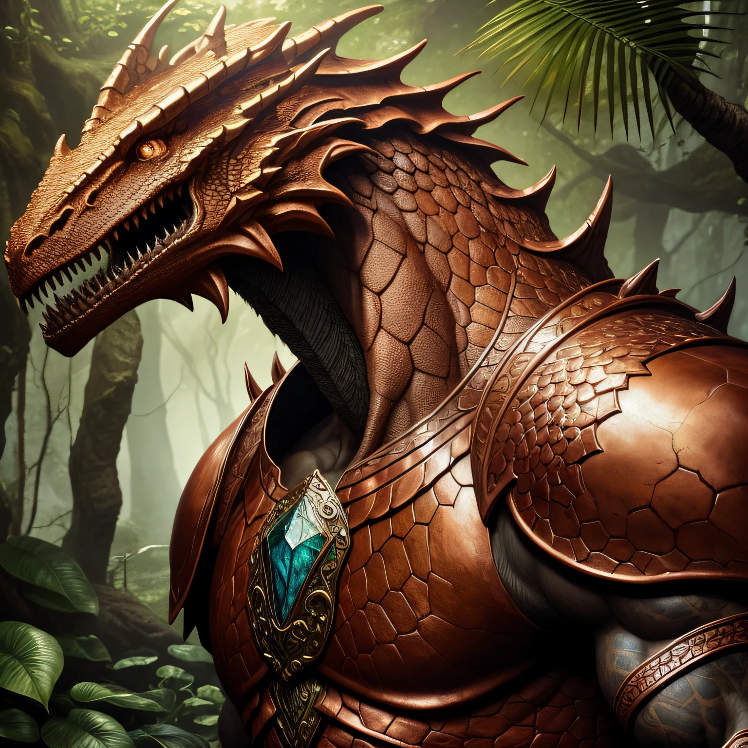 humanoid dragon, copper skin, realistic rendering, Dungeons and Dragons, Fantasy, octane rendering, zbrush. Character design, photorealistic, unreal, hyper-detailed mechanism, concept art, trend in the art station. ((best quality)), ((masterpiece)), ((realistic)), (detailed), close-up portrait, full-length portrait, brown eyes, wearing leather armor, copper-colored skin, looking at the viewer, Fantasy art, stunning gradient colors, signature no watermark, closed mouth, detailed background, lush jungle, closed mouth, incredibly detailed, ((masterpiece)), absurdities, HDR.