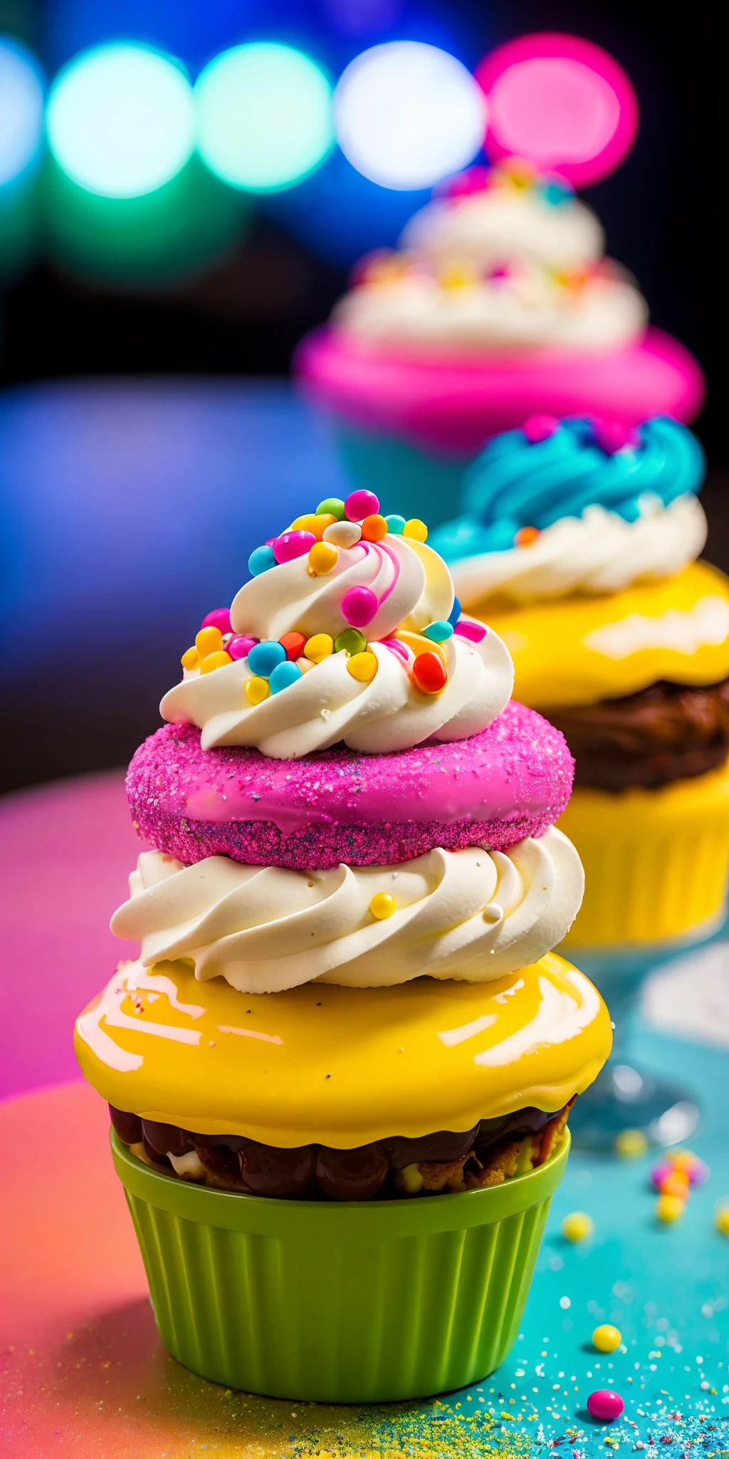 analog style, photorealistic, the most delicious triple sundae with colourful sprinkles, on a table in a cafe, dimly lit, light particles, haze, halation, bloom, dramatic atmosphere, centred, rule of thirds, 200mm 1.4f macro,