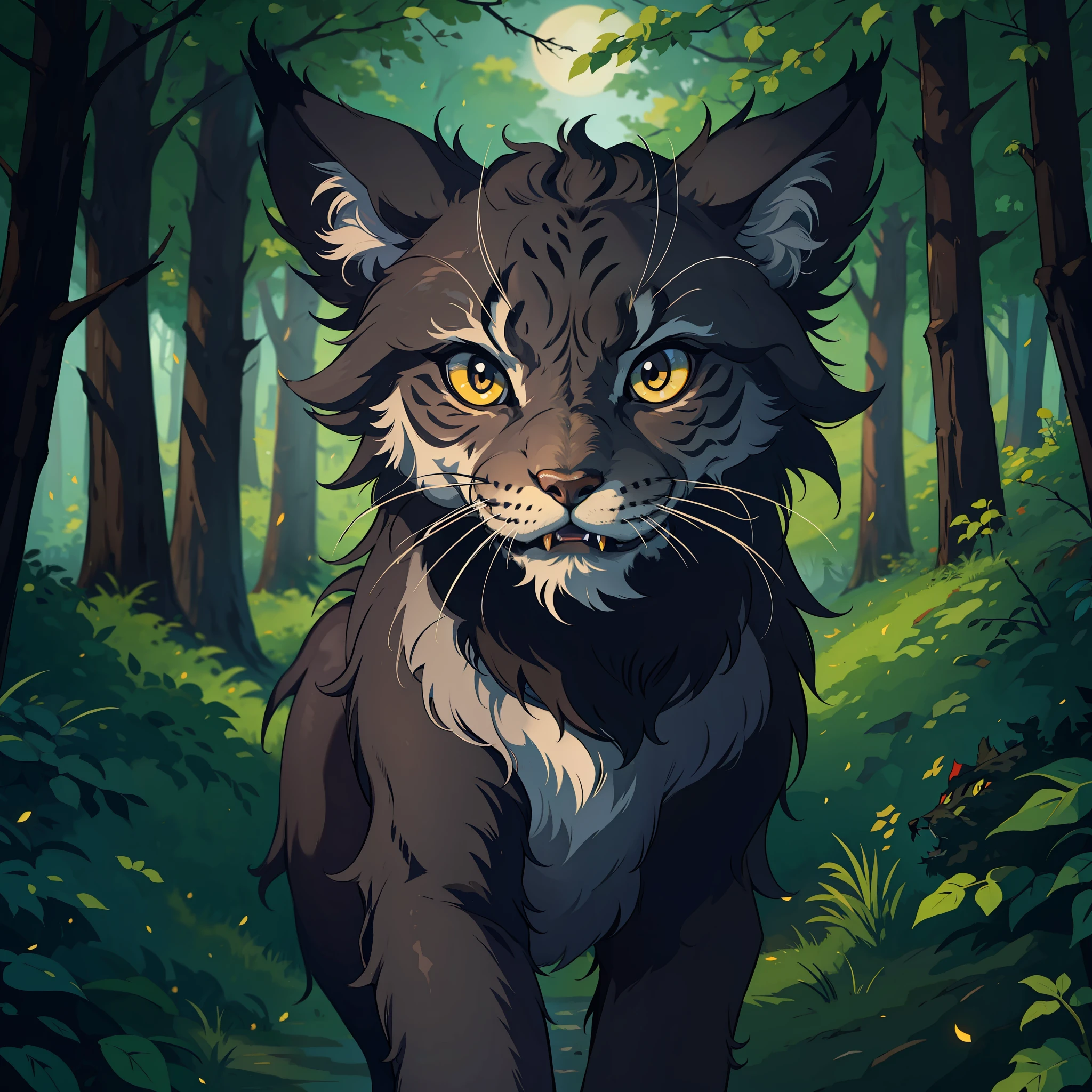 An animal, a fierce black lynx in the middle of the gloomy nocturnal forest, showing its fangs;