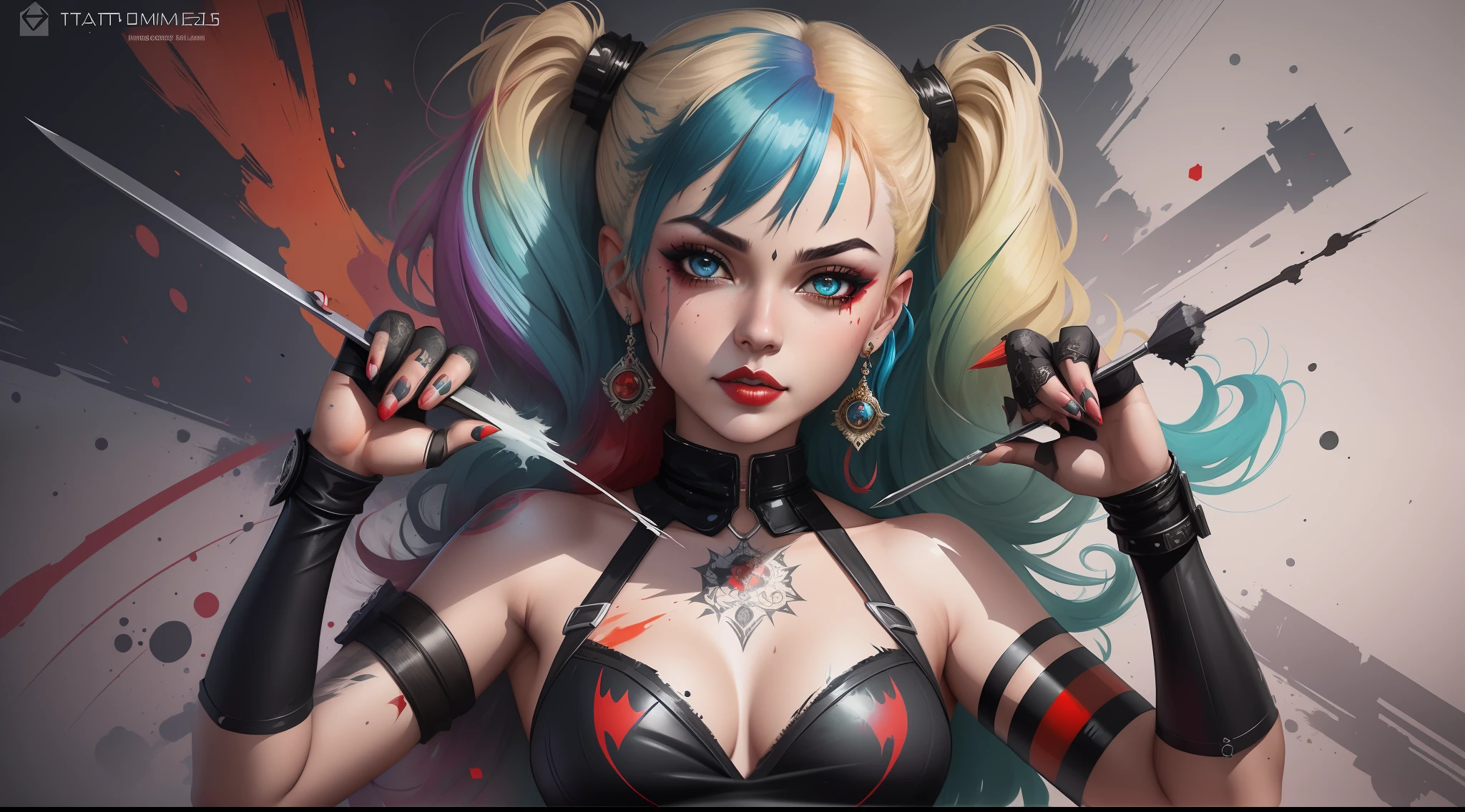 Create a medium shot, colored digital line art portrait of harley quinn character in the style of artists like Russ Mills, Sakimichan, Wlop, Loish, Artgerm, Darek Zabrocki, and Jean-Baptiste Monge. Include colorful splatter drippings, paper texture, and perfect shading, with dramatic lighting. The artwork should be centered, stylized, and elaborate, with a beautiful dress, gorgeous eyes, and a dynamic pose. TanvirTamim. rendered in 8K resolution for high-quality detail