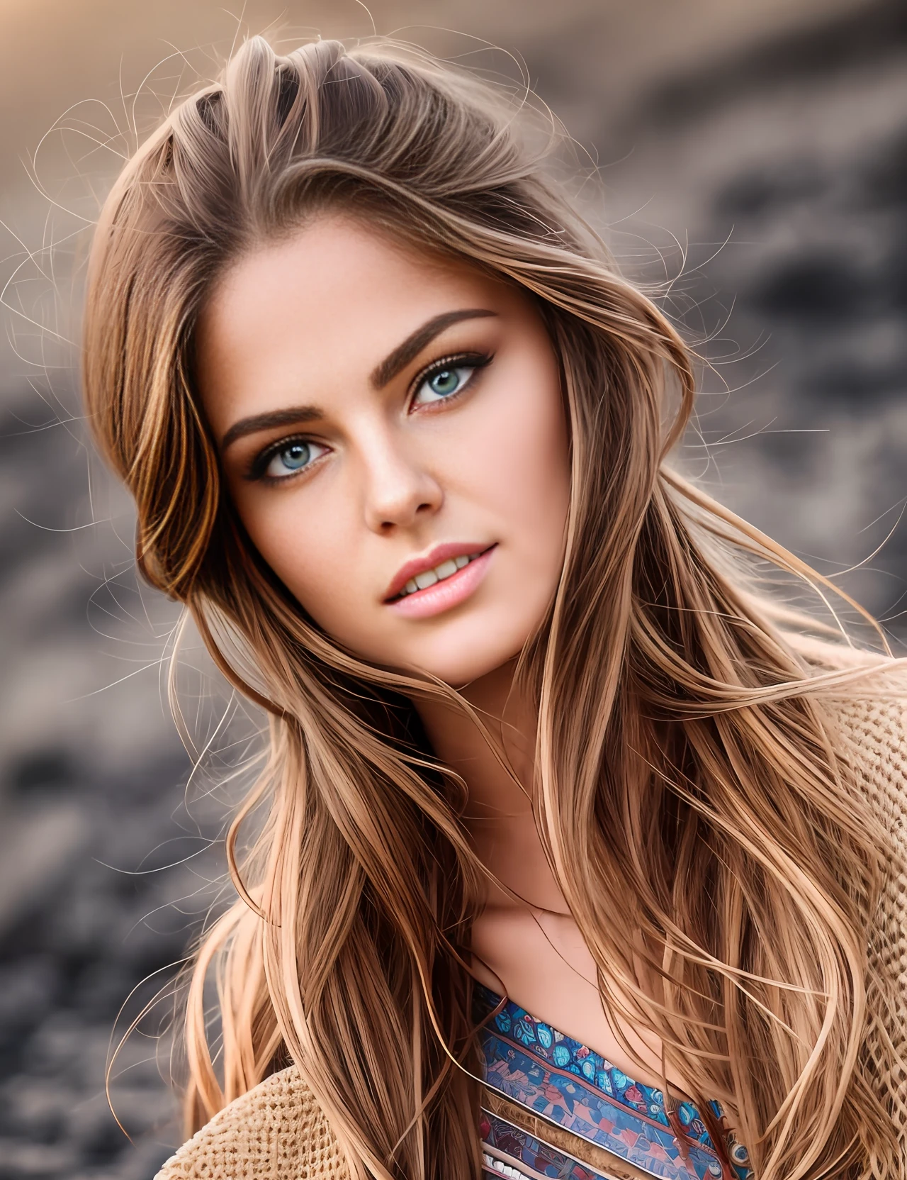 High Waist Portrait of exotic beautiful Caucasian woman wearing trendy clothes on a beach, perfect detailed face, detailed symmetrical brown eyes with circular iris, realistic, photography. --auto --s2