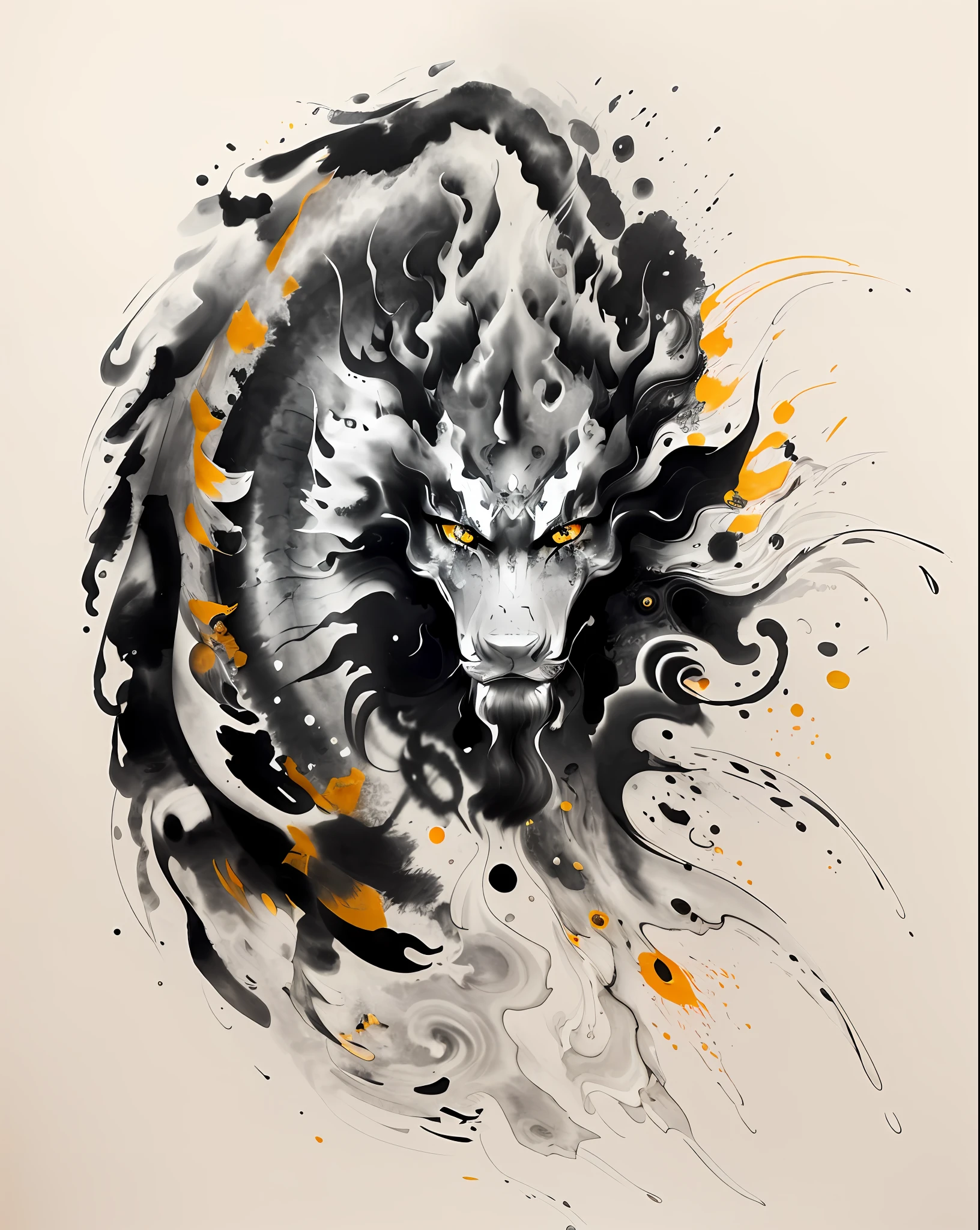loong, golden eyes, zydink, monochrome, ink sketch, sea, wave, (abstract ink splash:1.4)