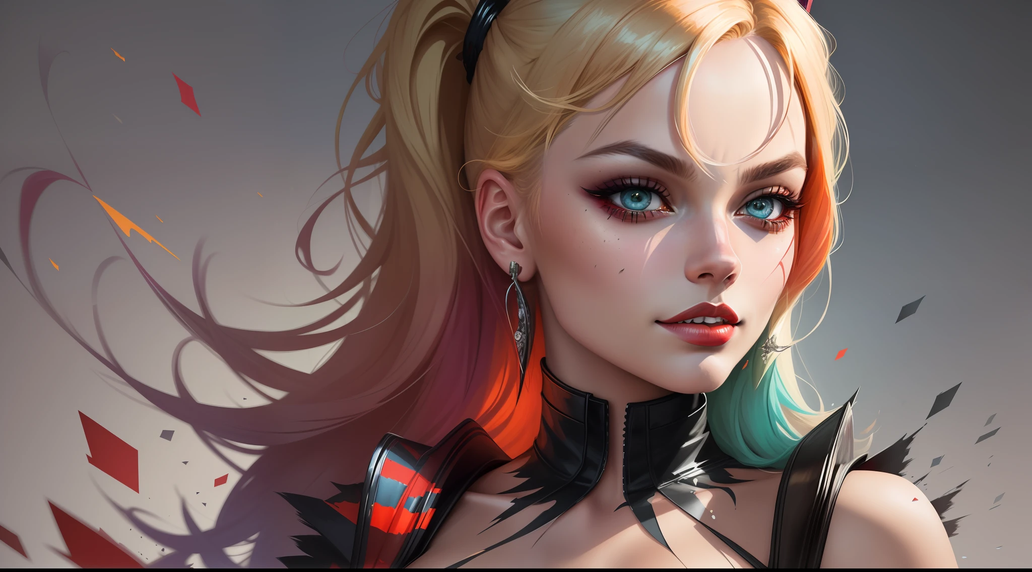 Create a color digital line art portrait of medium photo of the character of Margot Robbie's Harley Quinn in the style of artists such as Russ Mills, Sakimichan, Wlop, Loish, Artgerm, Darek Zabrocki and Jean-Baptiste Monge. Include colorful drips, paper texture, and perfect shading, with dramatic lighting. The artwork should be centered, stylized and elaborate, with a beautiful dress, beautiful eyes and a dynamic pose. TanvirTamim. rendered in 8K resolution for high-quality detail