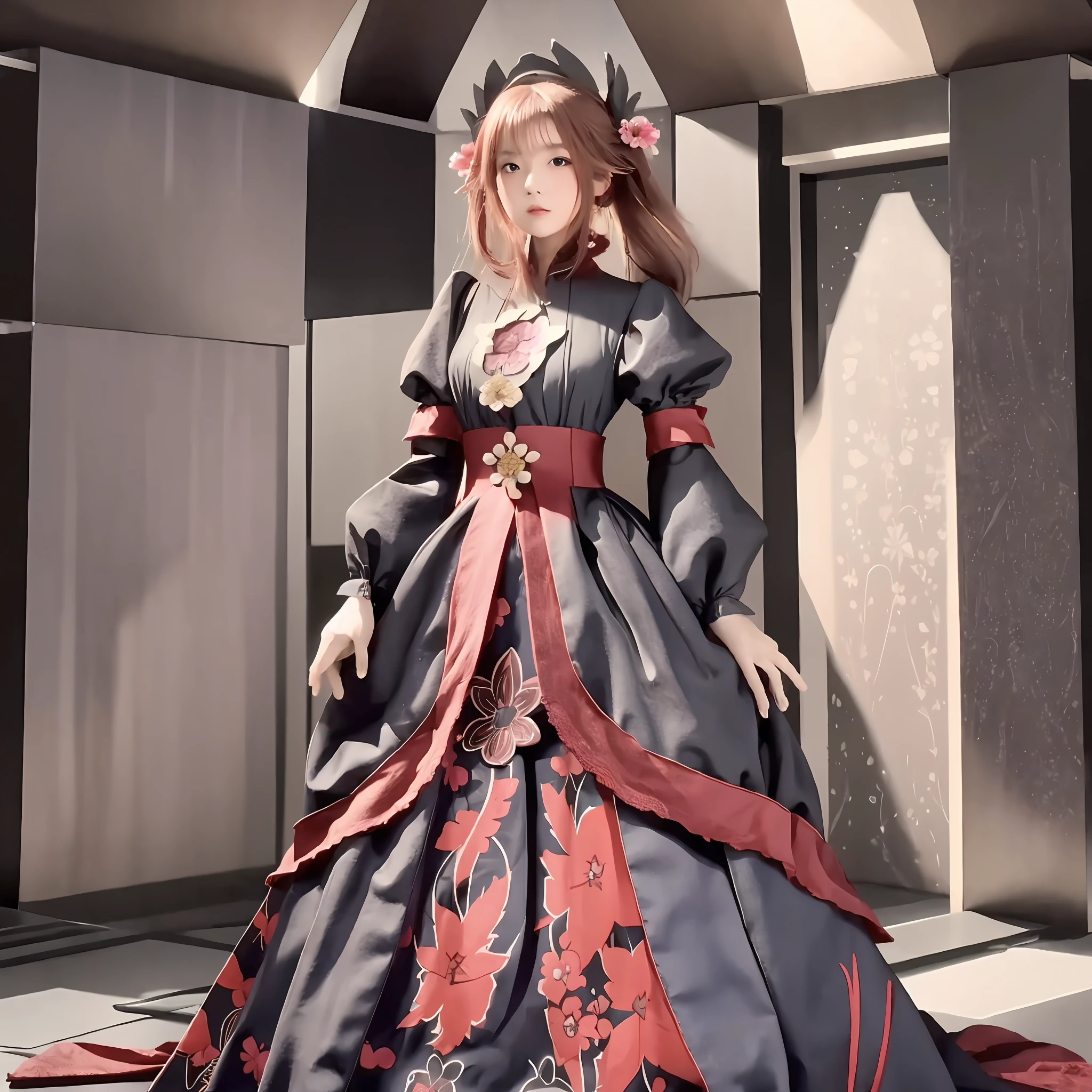 there is a woman in a black dress standing in a room with flowers, full pose, dress made of feathers, full body in view, inspired by Fujiwara Takanobu, full body length shot, full dress, full body with costume, full body close-up shot, black gothic lolita dress, black victorian dress, full - body - front - shot