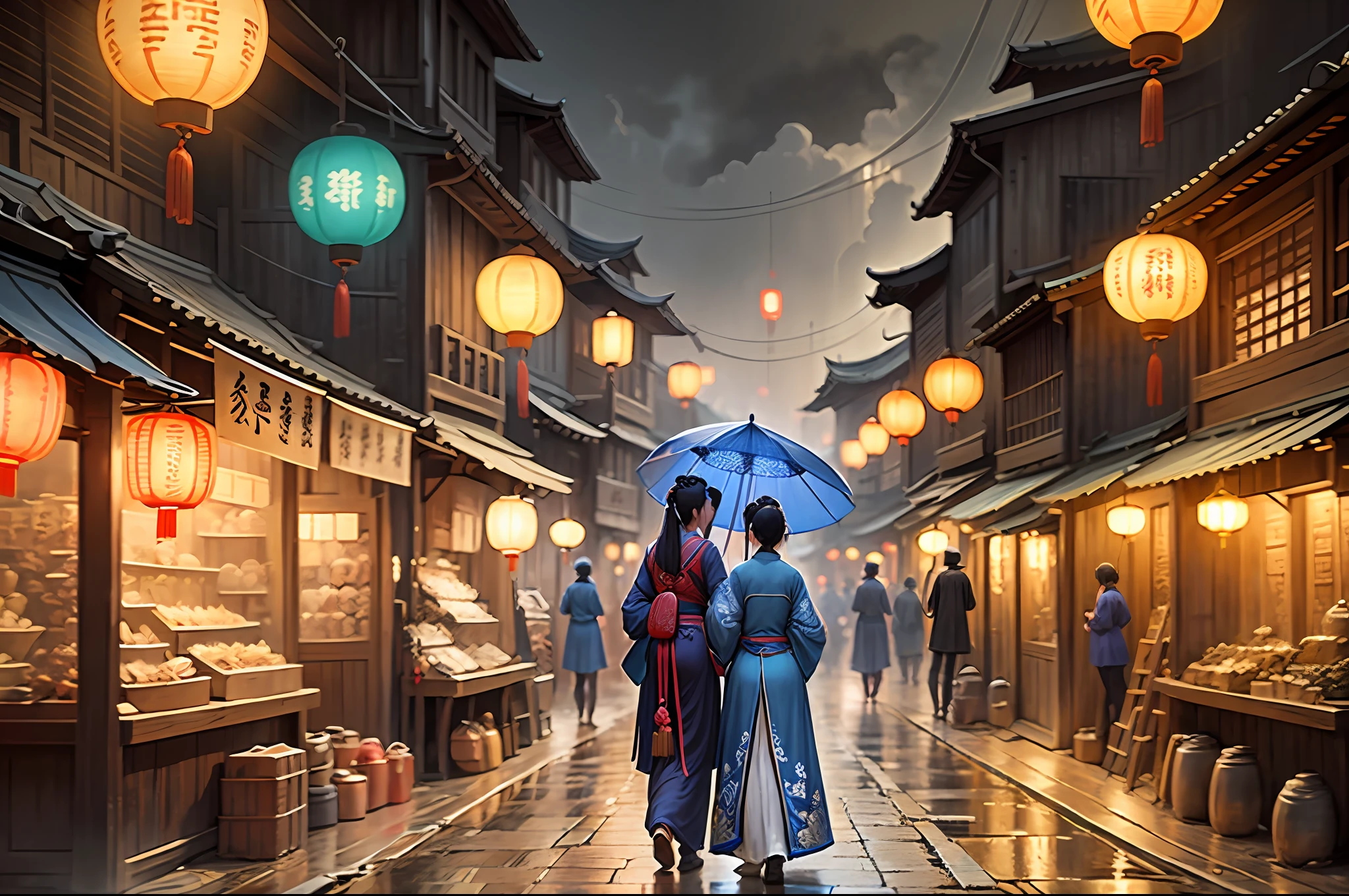 girls in blue Hanfu walking down a street of an ancient Chinese town, street market, ancient lamps. Dark, foggy rainy night. Illuminated only by old Chinese lamps. Realistic digital art, raytraicing. --auto --s2