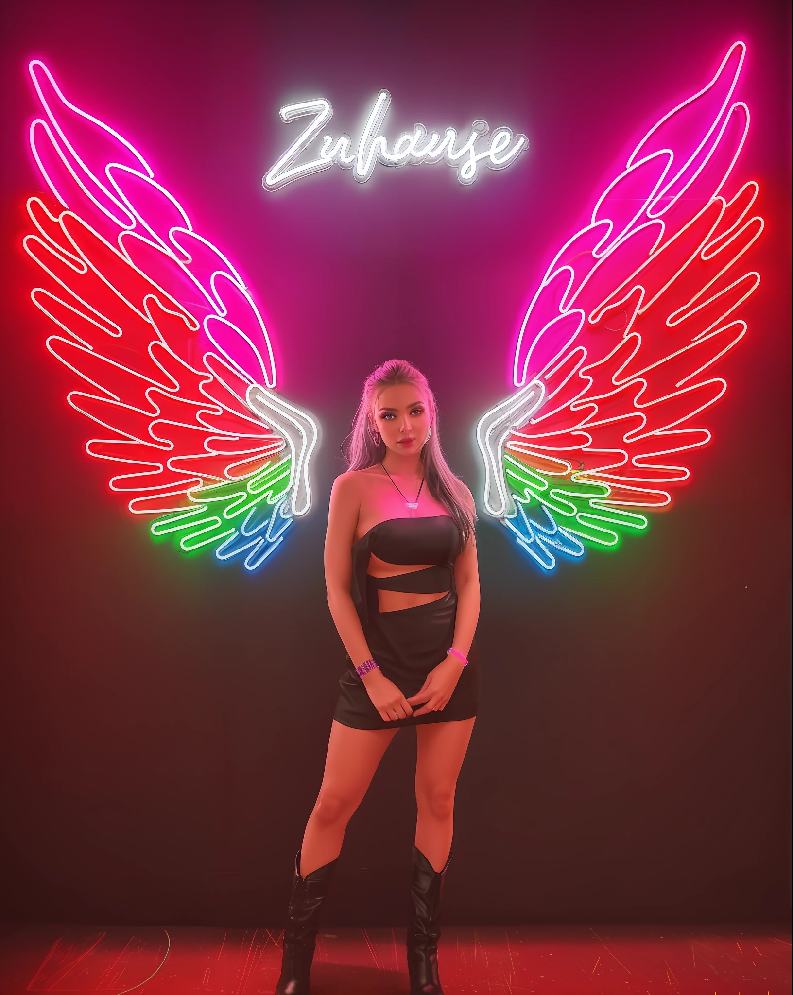 arafed woman in a black dress and boots standing in front of a neon sign, neon wings, with neon lights, with neon signs, wings made of light, neon light and fantasy, at future neon light rooftop, neon lights in the background, bold rave outfit, rave outfit, neon signs in background, gigantic neon signs, spreading her wings, with neon lighting