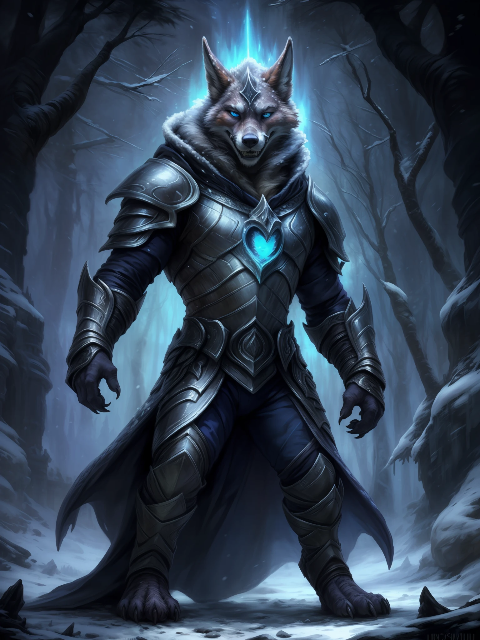 (by hioshiru and kenket and dimwitdog, Michael & Zaush, Inessa Garmash, Ruan Jia, Pino Daeni, Chunie), fox Nick Wilde as a lich king with the runesword, Zootopia style, magical undead, dark lord, death knight, necromancer, tragedic character, consumed by the Dark Side, dark armor enchanted with frost, sad face, young adult, glowing blue eyes, (muscular:0.7), solo, alone, night snow wasteland on the background