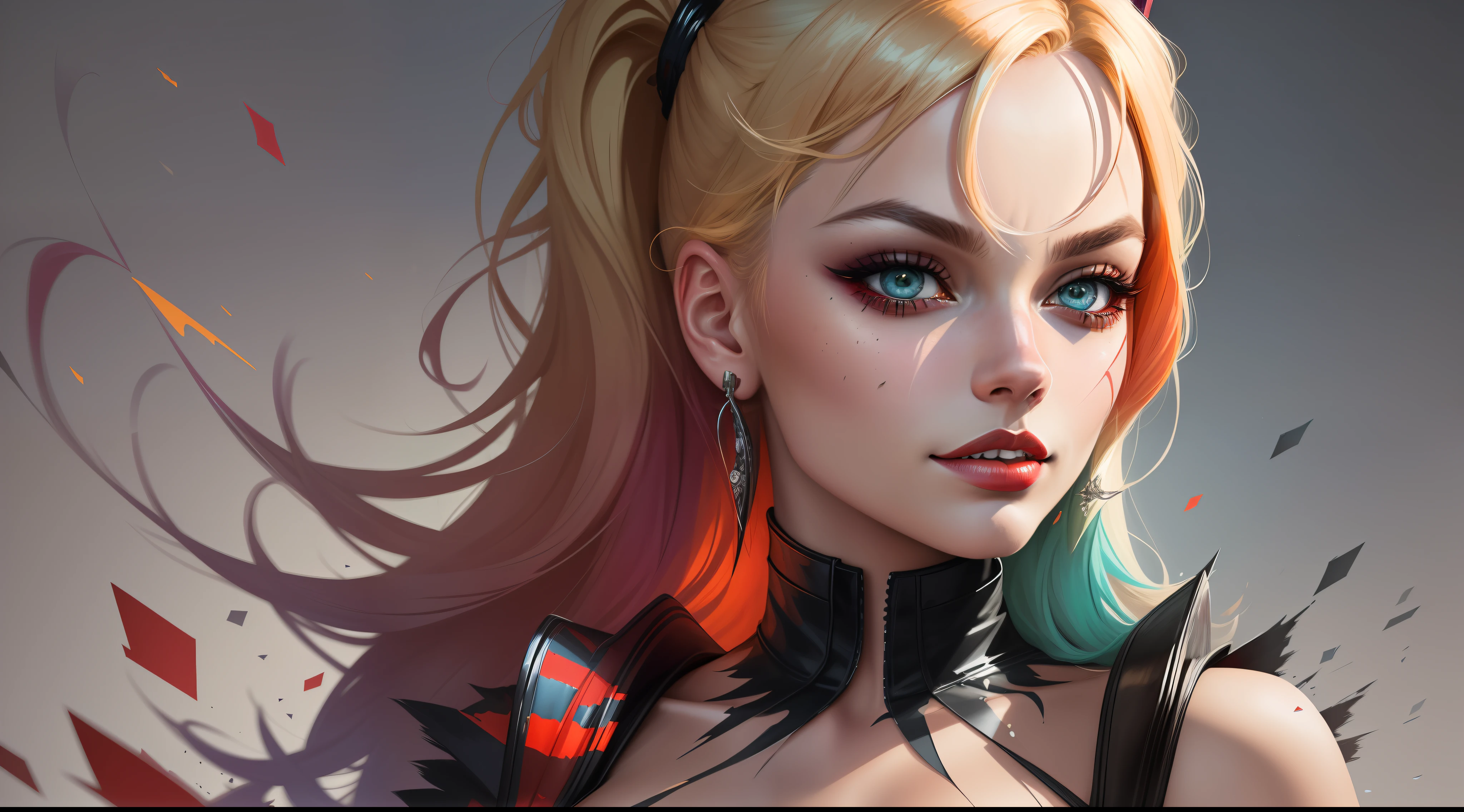 Create a color digital line art portrait of medium photo of the character of Margot Robbie's Harley Quinn in the style of artists such as Russ Mills, Sakimichan, Wlop, Loish, Artgerm, Darek Zabrocki and Jean-Baptiste Monge. Include colorful drips, paper texture, and perfect shading, with dramatic lighting. The artwork should be centered, stylized and elaborate, with a beautiful dress, beautiful eyes and a dynamic pose. TanvirTamim. rendered in 8K resolution for high-quality detail