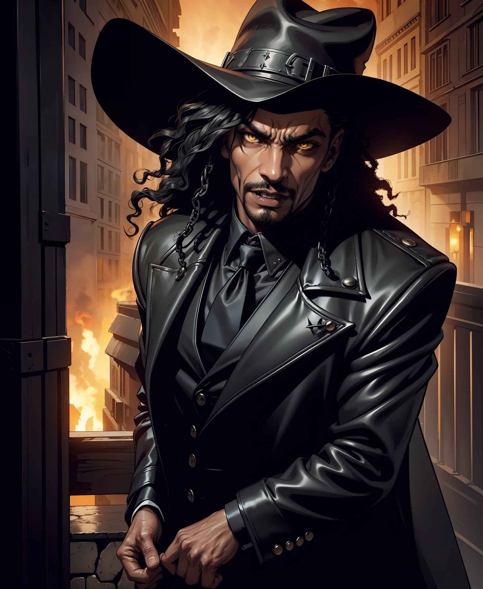 (extremely detailed 8k wallpaper), dark theme, Vampire the Masquerade, modern horror, 2020s, BLACK MAN, wearing black overcoat, rowdy, sharp focus, (subsurface scattering:1.1), award-winning photography, centered face, Snoop Dogg face, black cowboy hat, full body photo:1.1, short afro black hair, yellow eyes:1.2, fangs and vampire angry expression, on terrace of burning building,  dramatic lighting