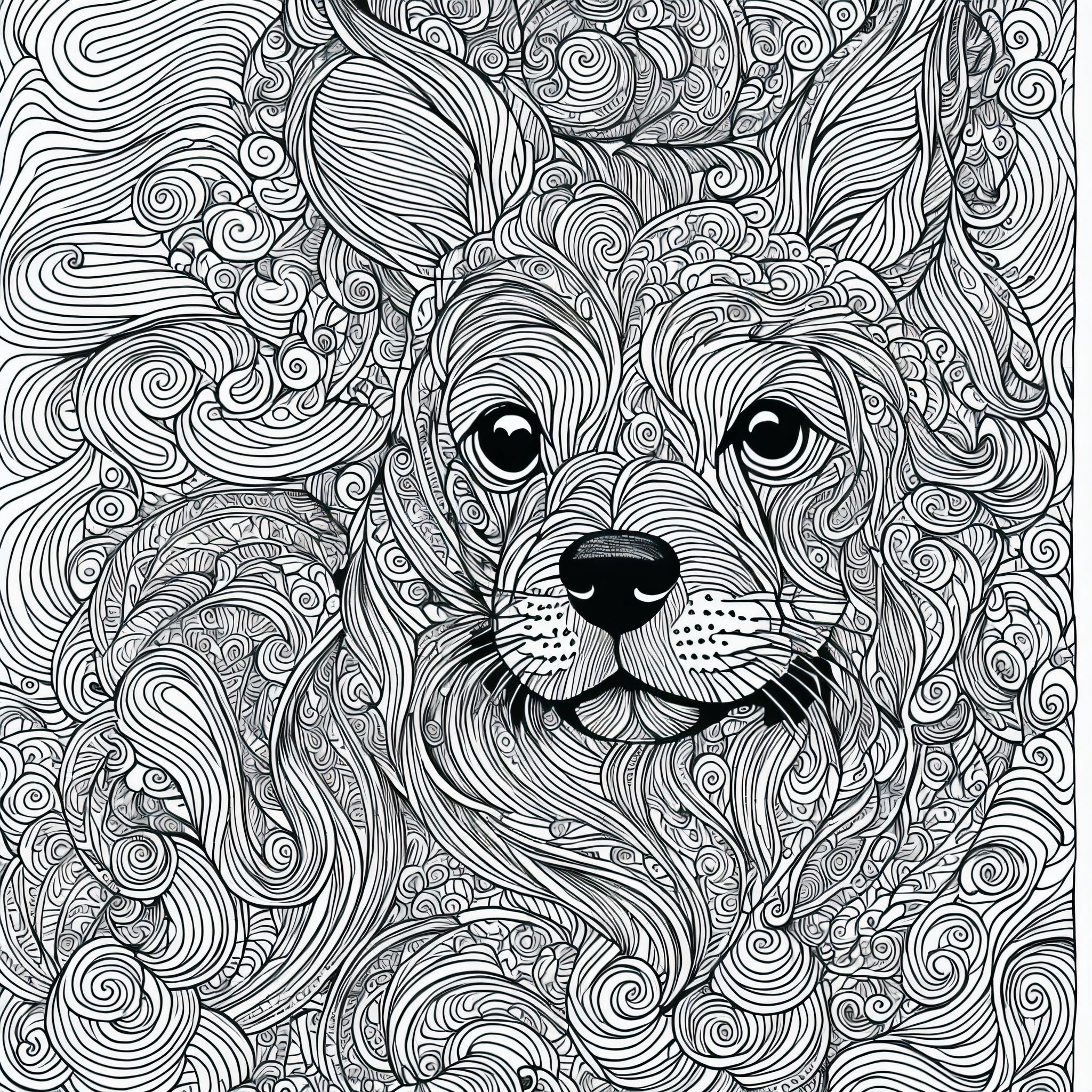 puppy dog, pages to paint kawaii, fantasy, magical, mystical, unusual, black and white, wavy lines, realistic line art drawing, coloring book page, no noise, sharp thick lines, contour art, centered image, isolated on a white background --auto --s2