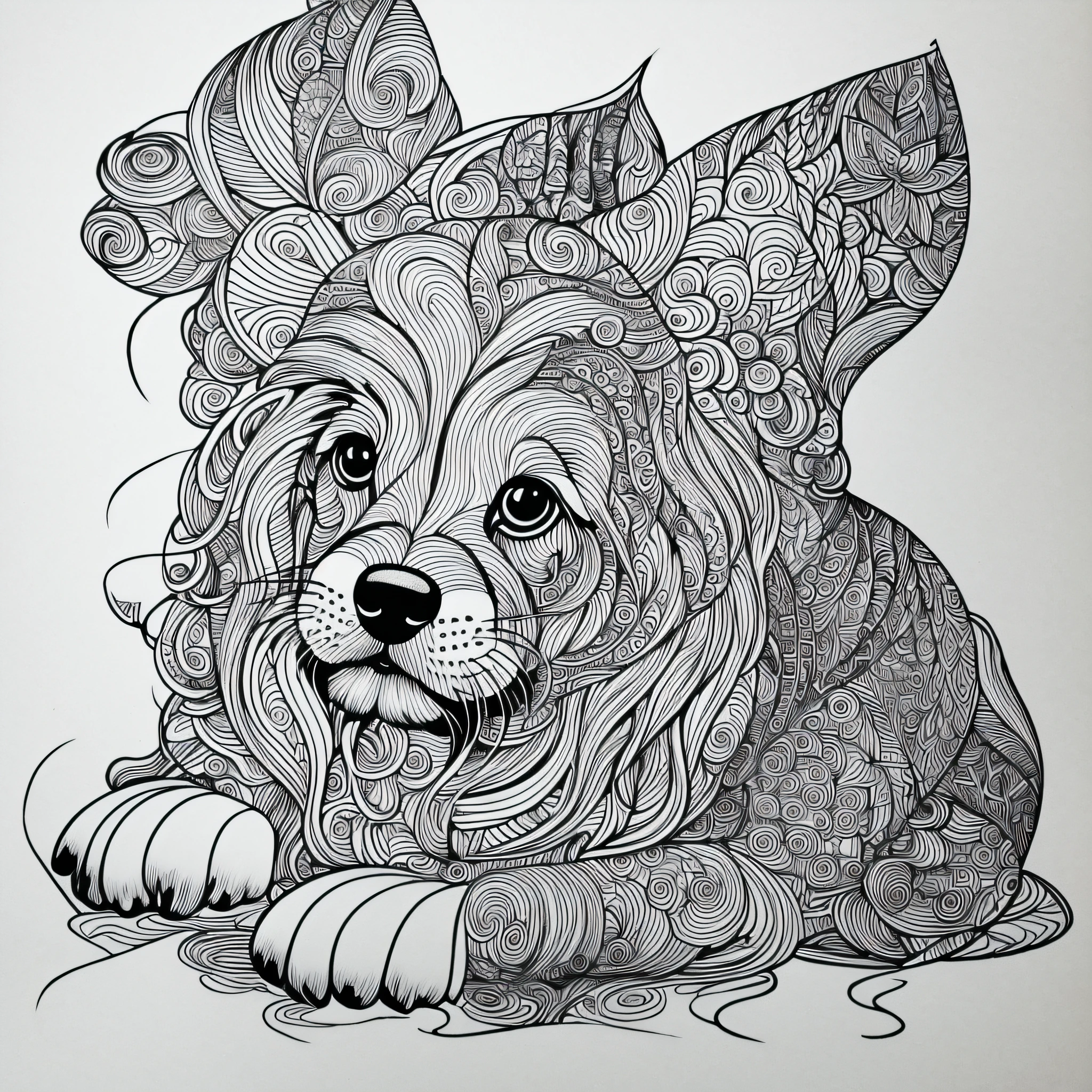 puppy dog, pages to paint kawaii, fantasy, magical, mystical, unusual, black and white, wavy lines, realistic line art drawing, coloring book page, no noise, sharp thick lines, contour art, centered image, isolated on a white background --auto --s2