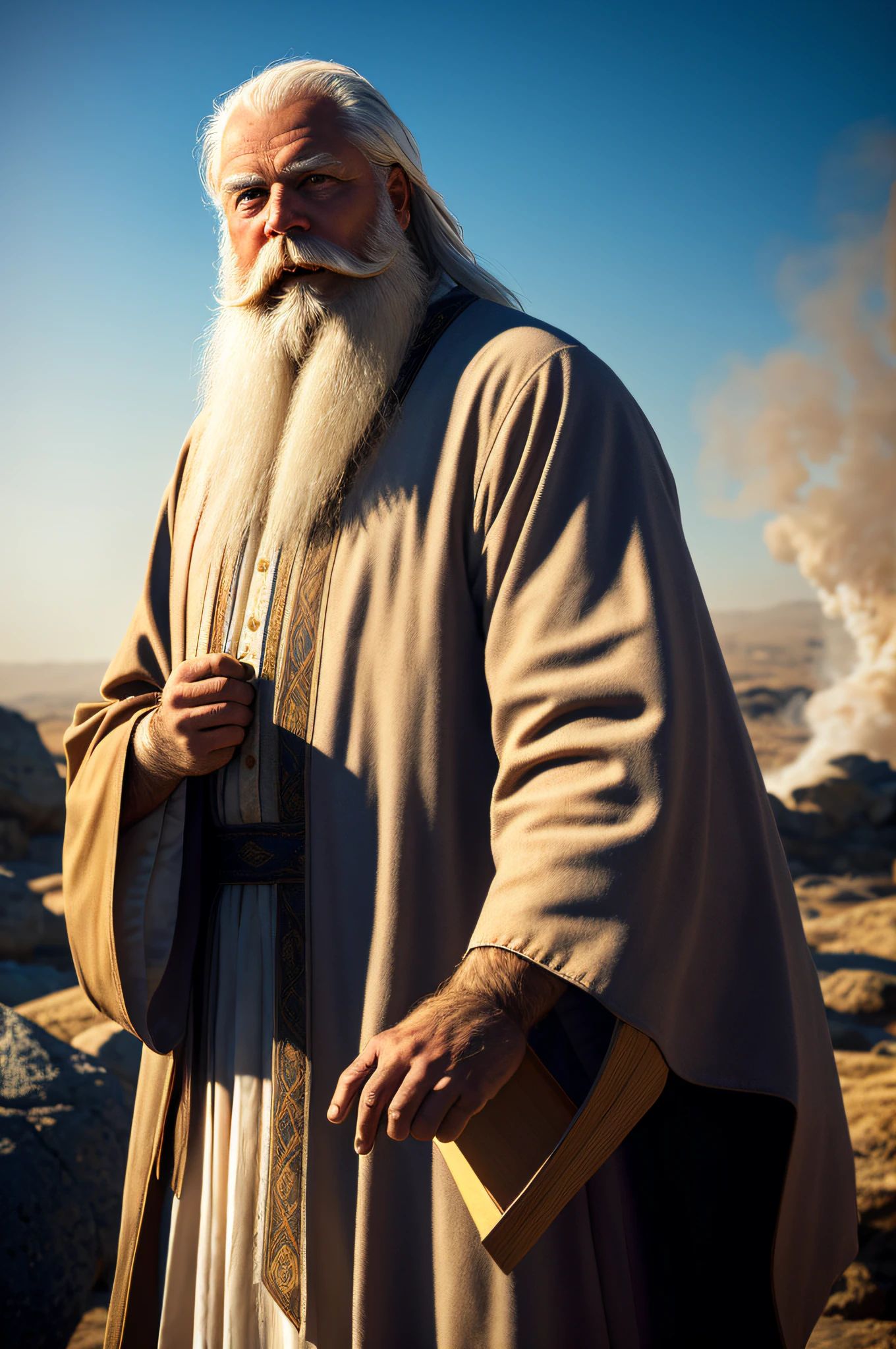 1 man,prophet, robe, old, long white beard, long white hair, wind, magic, fire, smoke, dust
(highest quality: 1.3), cinematic photo, masterpiece, (sharp focus: 1.5), (photorealistic: 1.3), detailed background, dark lighting, twilight lighting,
style, volumetric lighting, intricate details, UHD, film grains,