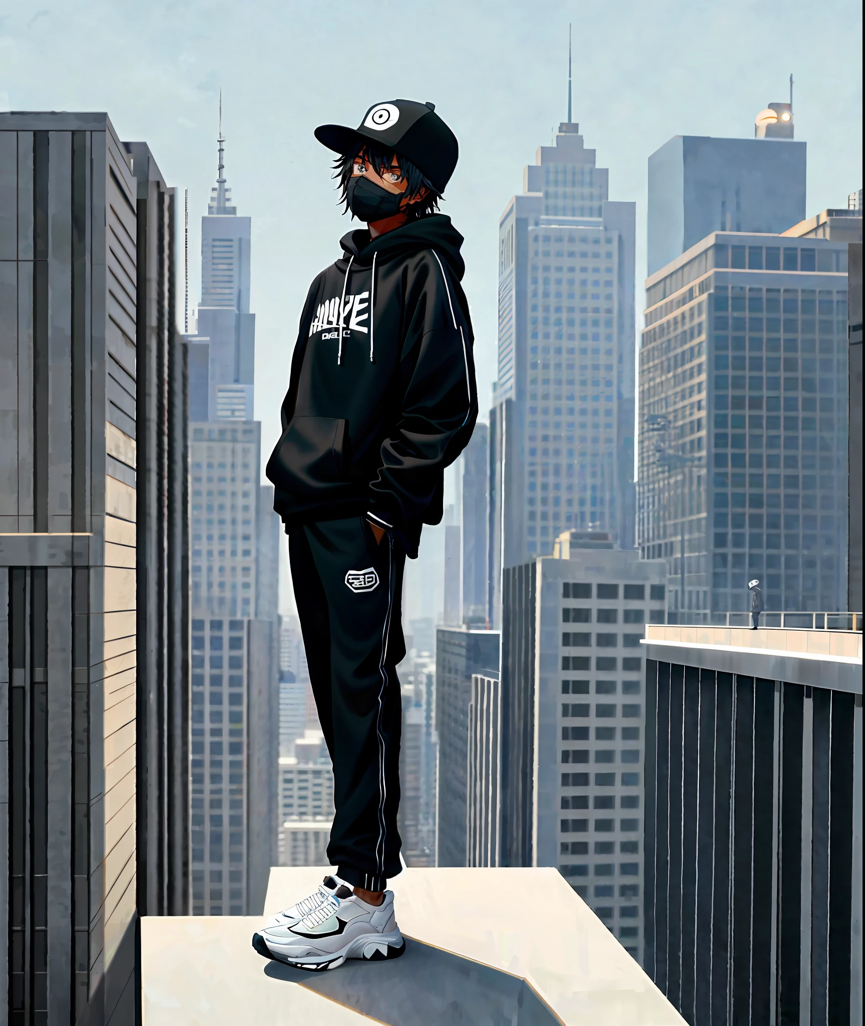 A black ager alone, wearing a sweatshirt, pants, hat, sneakers and a black mask wearing black clothes, on top of a building