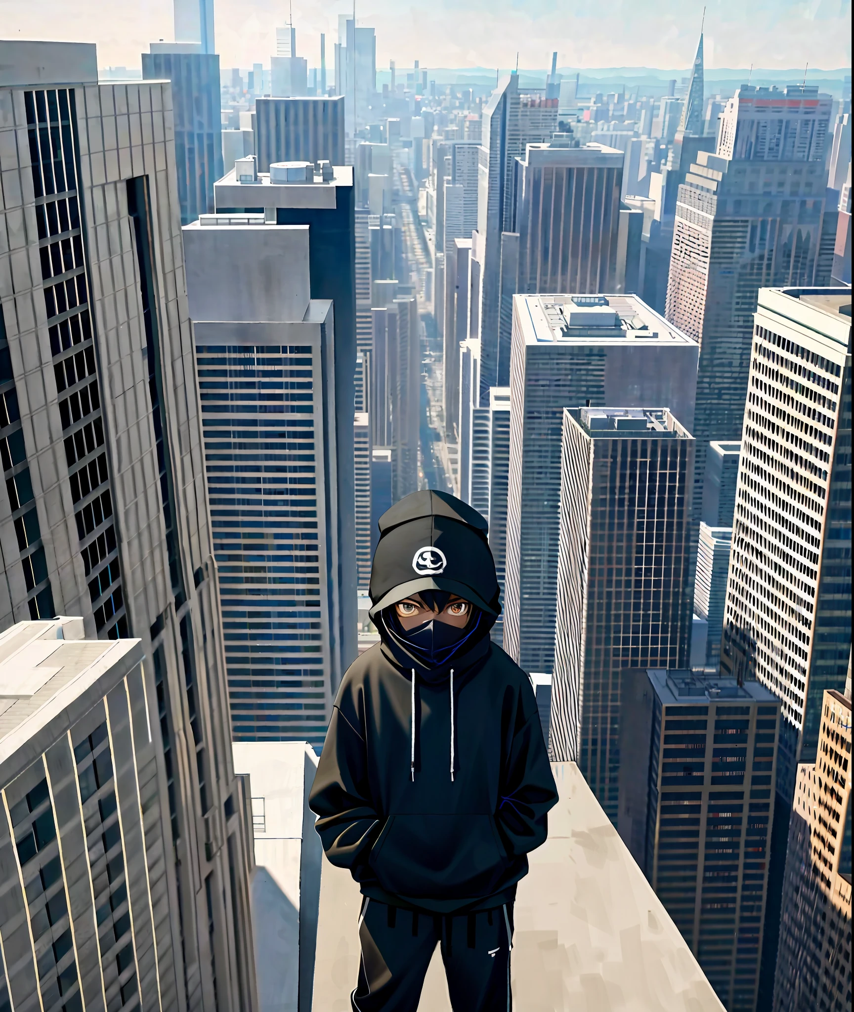 A black teenager alone, wearing a sweatshirt, pants, hat, sneakers and a black mask wearing black clothes, on top of a building