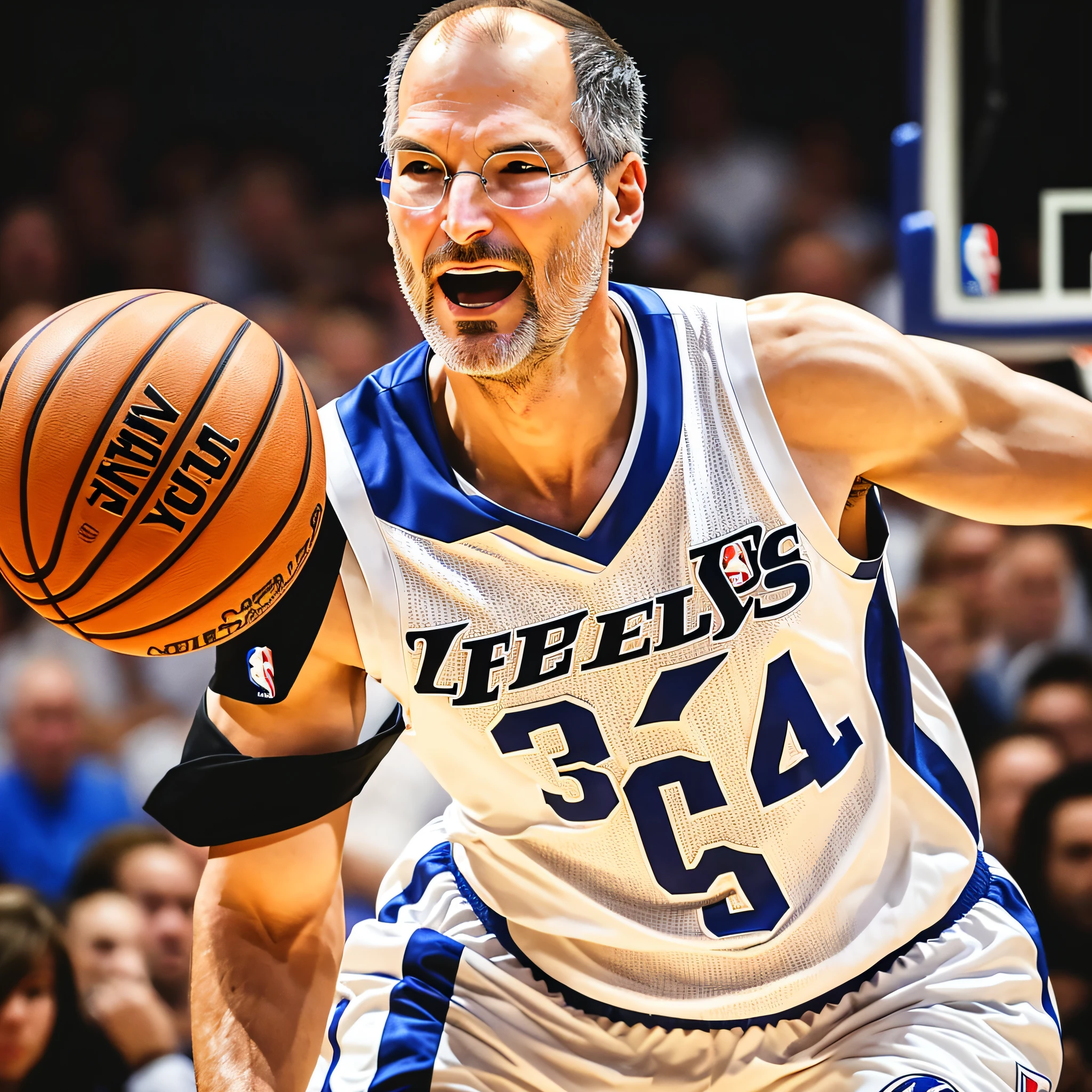 Photo of mature, full-body, full-body Steve Jobs, with details, wearing a basketball uniform, making an NBA-style play, on a basketball court, with audience, lighting, ultra realistic, with lots of vivid color, with lots of detail, photo taken with 23-70 lens, aperture f 2.8, ISO 400, speed 1/500, photo taken in Andrew Bernstein style --auto --s2