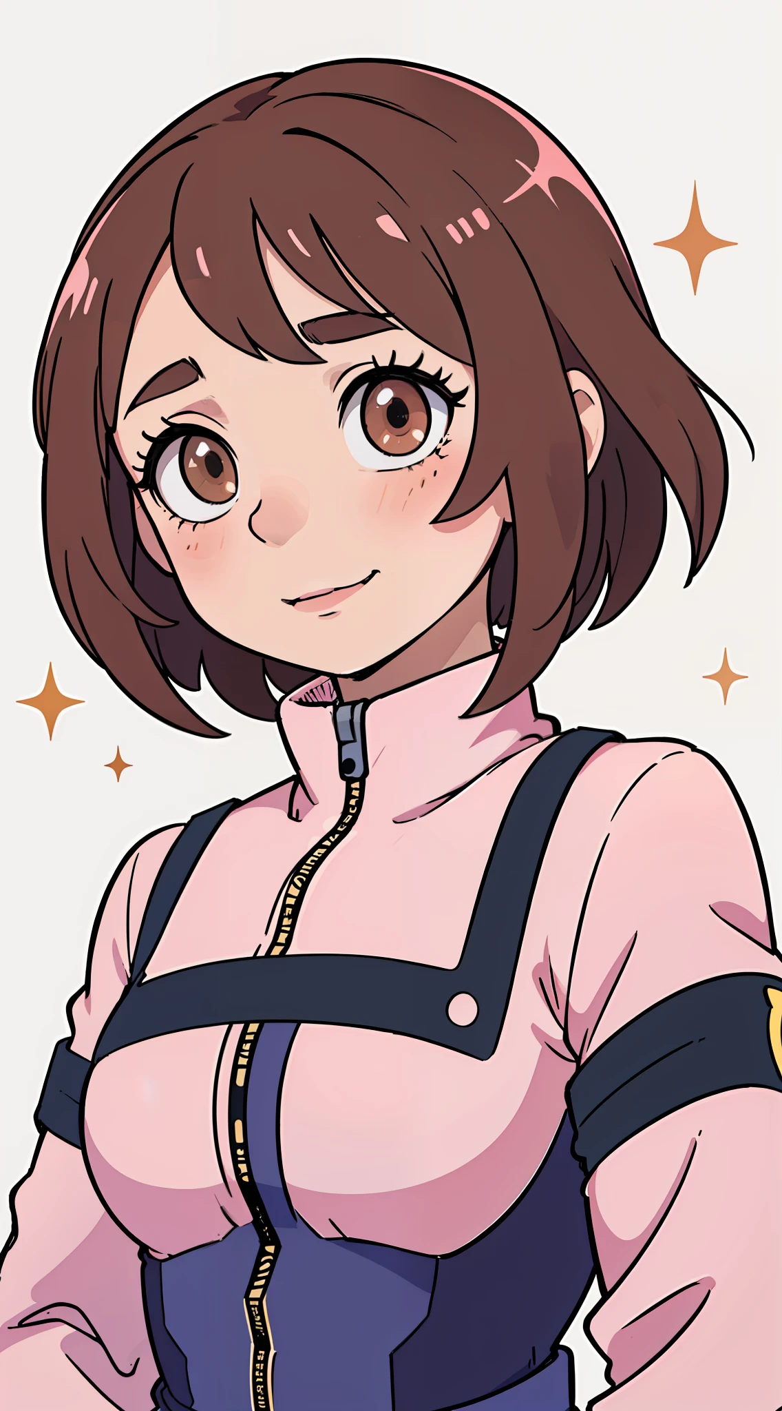 An amazing digital image of Uraraka Ochaco, one of the main characters of the anime My Hero Academia. The portrait shows Uraraka looking directly into the camera, with a tender smile on his lips. Her large brown eyes sparkle with joy and her short brown hair is combed to the side. She wears her heroine uniform, which is made up of a pink-hued jumpsuit. She places her hands on her chest, demonstrating a confident and at the same time calm attitude. The background of the image is a smooth white wall, which creates a perfect contrast with the vibrant colors of Uraraka's uniform. The image is super detailed and in high resolution, with an incredible quality that shows every detail of Uraraka's uniform and face. This image is perfect for anyone who is a fan of the My Hero Academia anime and wants a stunning digital artwork as wallpaper on their phone.