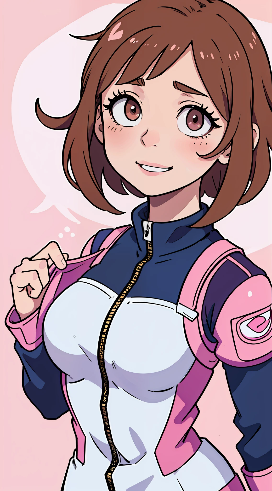 An amazing digital image of Uraraka Ochaco, one of the main characters of the anime My Hero Academia. The portrait shows Uraraka looking directly into the camera, with a tender smile on his lips. Her large brown eyes sparkle with joy and her short brown hair is combed to the side. She wears her heroine uniform, which is made up of a pink-hued jumpsuit. She places her hands on her chest, demonstrating a confident and at the same time calm attitude. The background of the image is a smooth white wall, which creates a perfect contrast with the vibrant colors of Uraraka's uniform. The image is super detailed and in high resolution, with an incredible quality that shows every detail of Uraraka's uniform and face. This image is perfect for anyone who is a fan of the My Hero Academia anime and wants a stunning digital artwork as wallpaper on their phone.