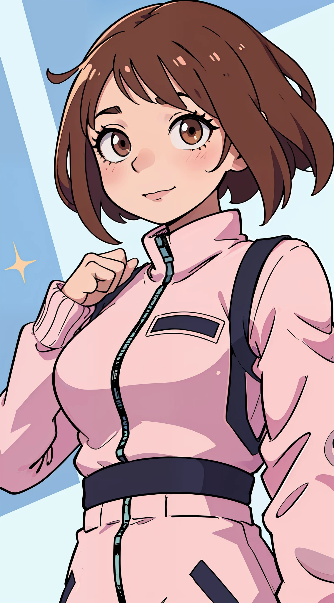 An amazing digital image of Uraraka Ochaco, one of the main characters of the anime My Hero Academia. The portrait shows Uraraka looking directly into the camera, with a tender smile on his lips. Her large brown eyes sparkle with joy and her short brown hair is combed to the side. She wears her heroine uniform, which is made up of a pink-hued jumpsuit. She places her hands on her chest, demonstrating a confident and at the same time calm attitude. The background of the image is a smooth white wall, which creates a perfect contrast with the vibrant colors of Uraraka's uniform. The image is super detailed and in high resolution, with an incredible quality that shows every detail of Uraraka's uniform and face. This image is perfect for anyone who is a fan of the My Hero Academia anime and wants a stunning digital artwork as wallpaper on their phone.