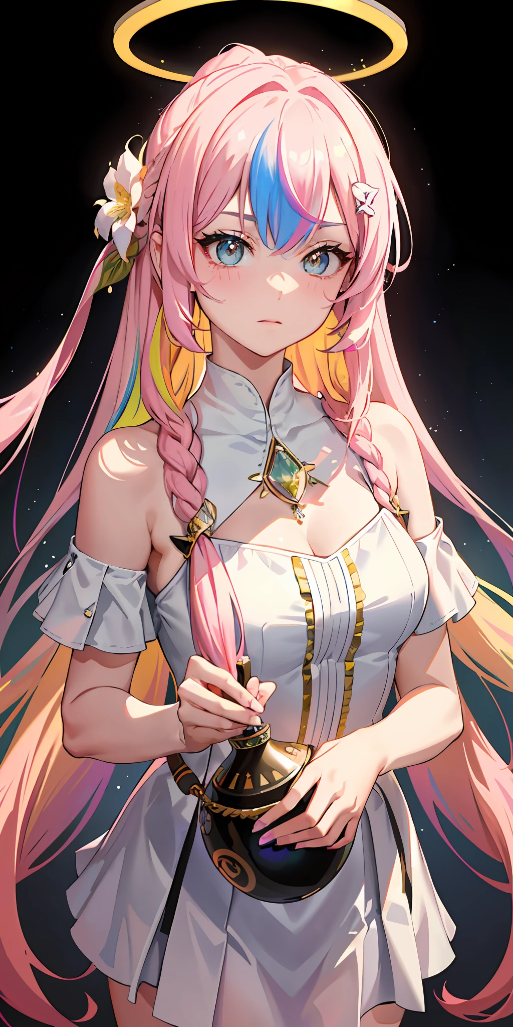 1 girl, bright, multicolored hair, ponytail, saleme, head mask, side lights, light particles, wallpaper, big, plump, quiet, mature, wearing an eye patch, sexy, (((disheveled hair)), (beautiful white young beautiful girl), beautiful eyes, hair between eyes, asymmetrical bangs, hair behind the ears, hair above one eyebrow, delicate facial features, (delicate and beautiful)), (fantasy), ((rainbow)), ( liquid), best shadows, lens flares, pastel colors, masterpieces, high quality, high resolution, dumb, micah, only child, halo, bangs, yellow eyes, pink hair, long hair, hair flower, idol, bunny girl, hair ornament, solo, close-up,