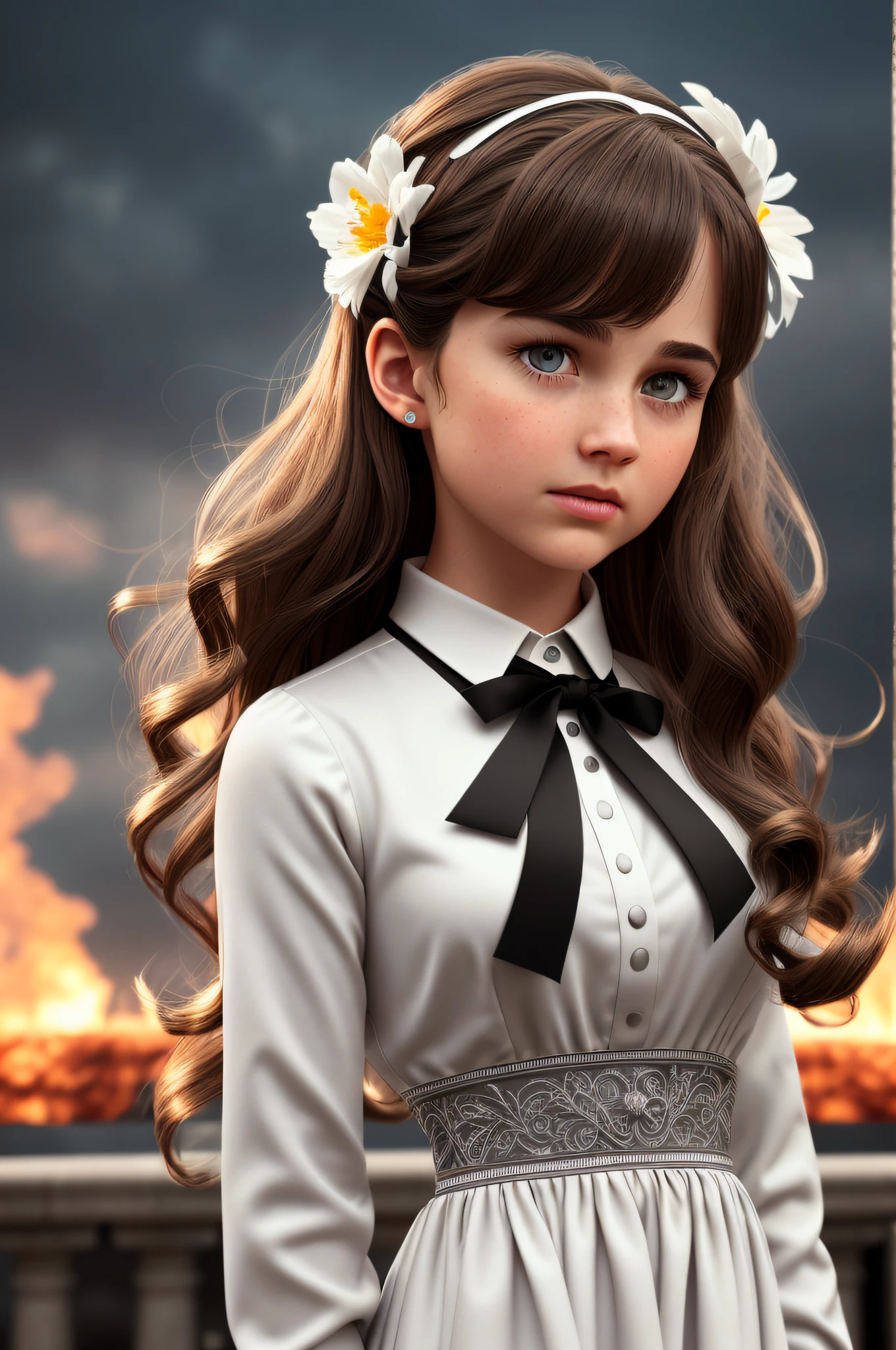 masterpiece, best quality, illustration, {beautiful detailed girl}, beautiful detailed glow, (flame of war: 1.2), (nuclear explosion behind: 1.3), rain, detailed lighting, detailed water, (beautiful detailed eyes: 1.1), expressionless, palace, azure brown hair, black eyes, disheveled brown hair, long bangs, brown hair between black eyes, (white and gray dress: 1.1), black ribbon, white bow ties, belly, big forehead, blank look, flower, long sleeves, depth of field, cinematic lighting, motion blur, HD, anatomically correct, ccurate, super detail, high details, award winning, best quality