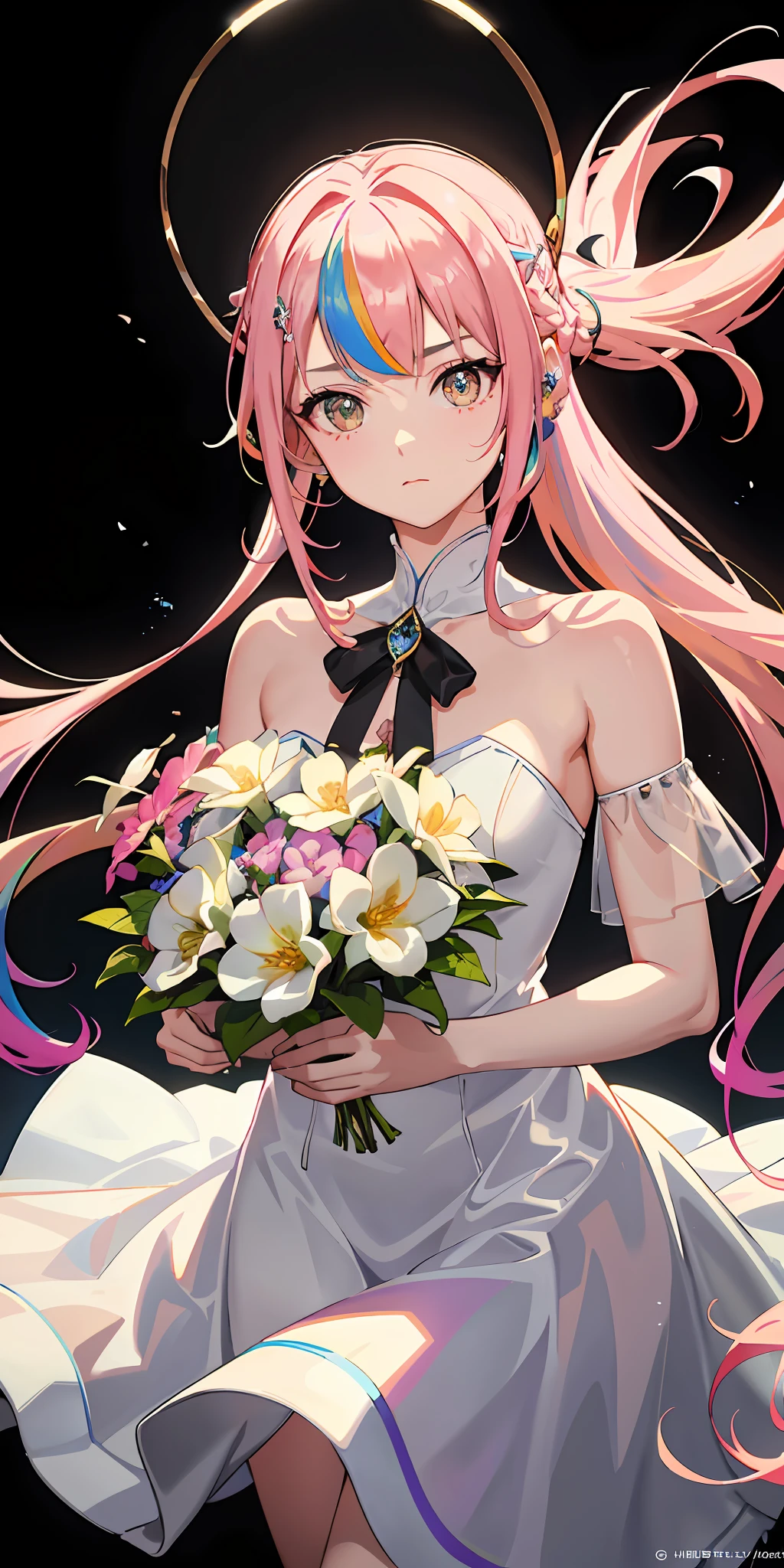 1 girl, bright, multicolored hair, ponytail, saleme, head mask, side lights, light particles, wallpaper, big, plump, quiet, mature, wearing an eye patch, sexy, (((disheveled hair)), (beautiful white young beautiful girl), beautiful eyes, hair between eyes, asymmetrical bangs, hair behind the ears, hair above one eyebrow, delicate facial features, (delicate and beautiful)), (fantasy), ((rainbow)), ( liquid), best shadows, lens flares, pastel colors, masterpieces, high quality, high resolution, dumb, micah, only child, halo, bangs, yellow eyes, pink hair, long hair, hair flower, idol, bunny girl, hair ornament, solo, close-up,