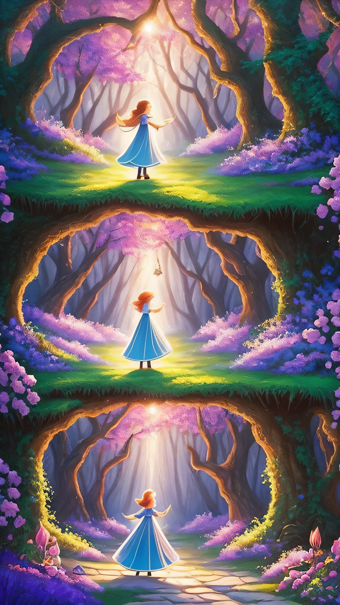 Children's book cover painting A magical scene in the enchanted forest, where Princess Sofia and Prince Lucas make a surprising discovery. Create an image that captures the friendship between them and the moment they encounter the magic tree of desires. Use vibrant colors and enchanting details to make this scene even more magical and captivating. Let your imagination soar and bring to life this exciting journey of the Adventurous Princess and her friend Prince in the enchanted forest!