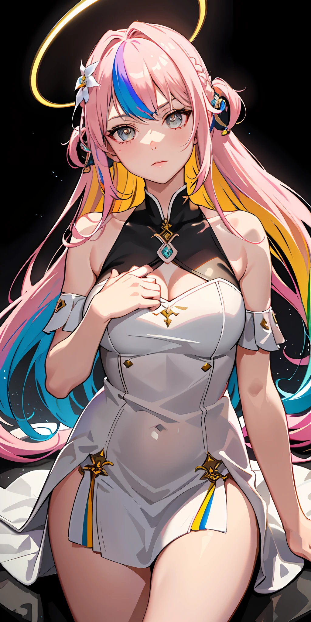 1 girl, bright, multicolored hair, ponytail, saleme, head mask, side lights, light particles, wallpaper, big, plump, quiet, mature, wearing an eye patch, sexy, (((disheveled hair)), (beautiful white young beautiful girl), beautiful eyes, hair between eyes, asymmetrical bangs, hair behind the ears, hair above one eyebrow, delicate facial features, (delicate and beautiful)), (fantasy), ((rainbow)), ( liquid), best shadows, lens flares, pastel colors, masterpieces, high quality, high resolution, dumb, micah, only child, halo, bangs, yellow eyes, pink hair, long hair, hair flower, idol, bunny girl, hair ornament, solo, close-up,