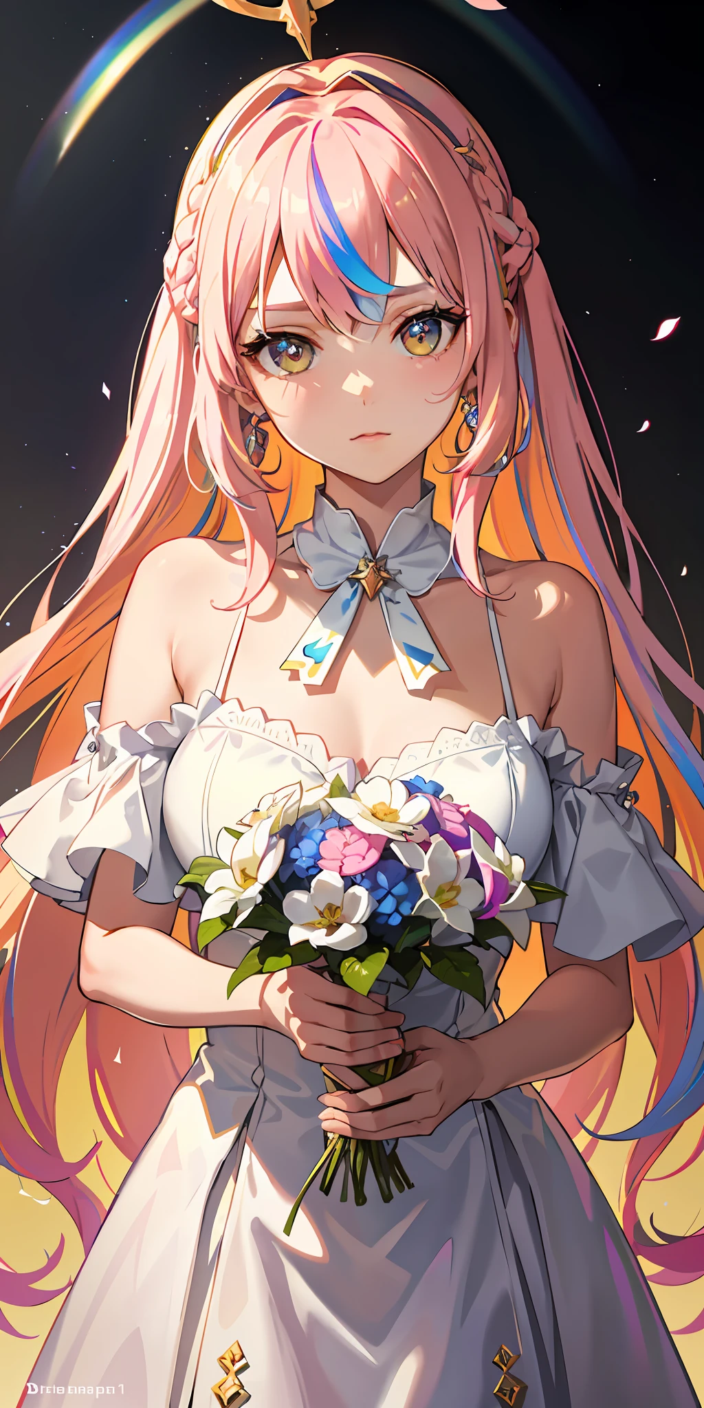 1 girl, bright, multicolored hair, ponytail, saleme, head mask, side lights, light particles, wallpaper, big, plump, quiet, mature, wearing an eye patch, sexy, (((disheveled hair)), (beautiful white young beautiful girl), beautiful eyes, hair between eyes, asymmetrical bangs, hair behind the ears, hair above one eyebrow, delicate facial features, (delicate and beautiful)), (fantasy), ((rainbow)), ( liquid), best shadows, lens flares, pastel colors, masterpieces, high quality, high resolution, dumb, micah, only child, halo, bangs, yellow eyes, pink hair, long hair, hair flower, idol, bunny girl, hair ornament, solo, close-up,