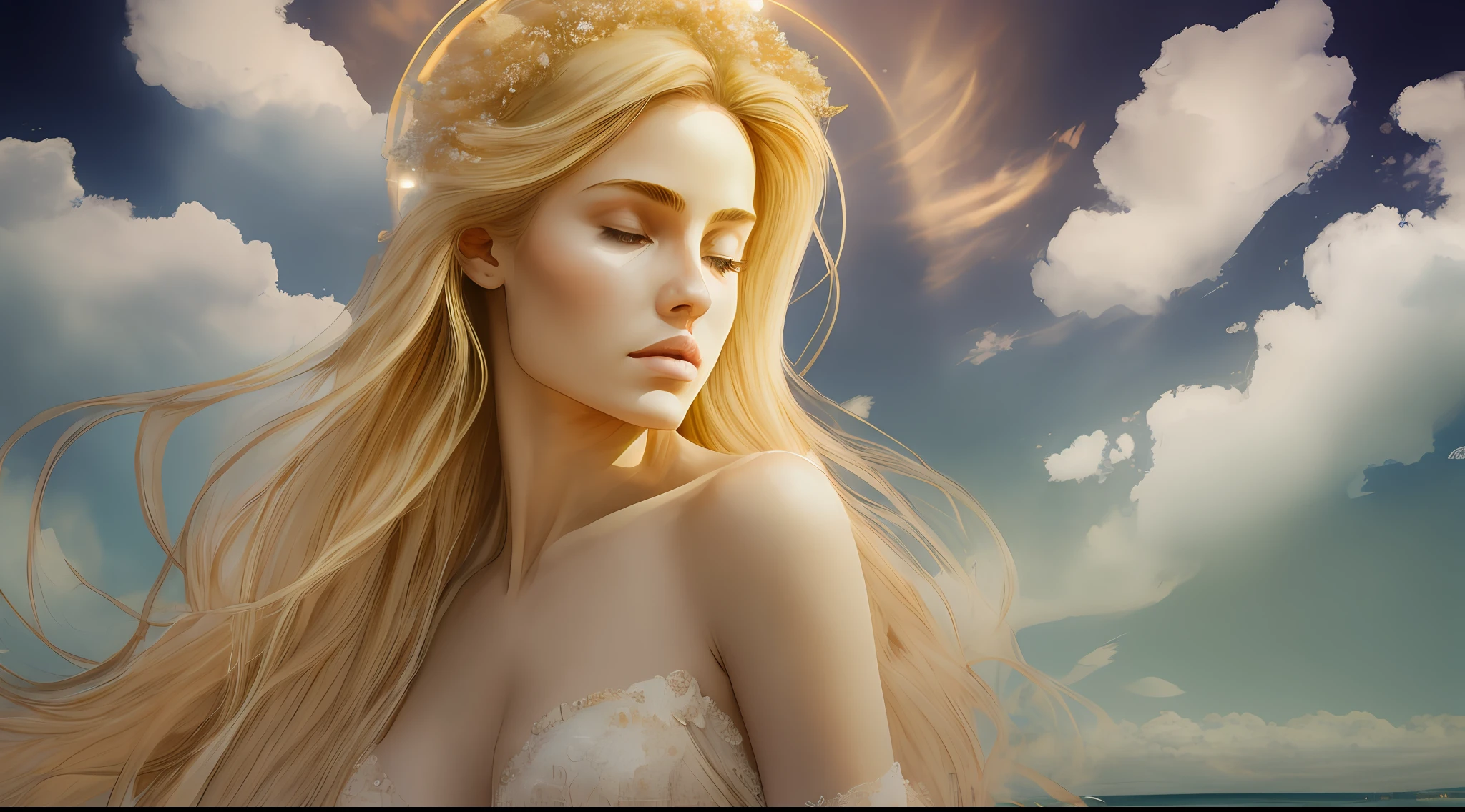 angelic figure with feminine features, blonde hair, a halo over his head, clouds in the background --auto --s2