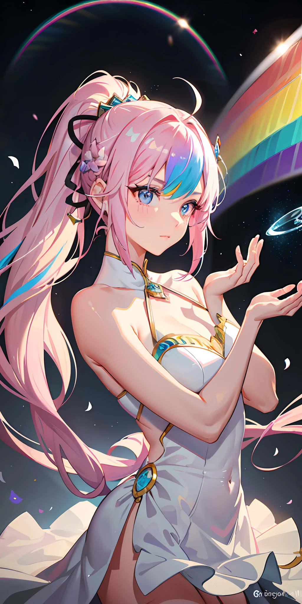 1 girl, bright, multicolored hair, ponytail, saleme, head mask, side lights, light particles, wallpaper, big, plump, quiet, mature, wearing an eye patch, sexy, (((disheveled hair)), (beautiful white young beautiful girl), beautiful eyes, hair between eyes, asymmetrical bangs, hair behind the ears, hair above one eyebrow, delicate facial features, (delicate and beautiful)), (fantasy), ((rainbow)), ( liquid), best shadows, lens flares, pastel colors, masterpieces, high quality, high resolution, dumb, micah, only child, halo, bangs, blue eyes, pink hair, long hair, hair flower, idol, swimsuit, hair ornament, solo, close-up,